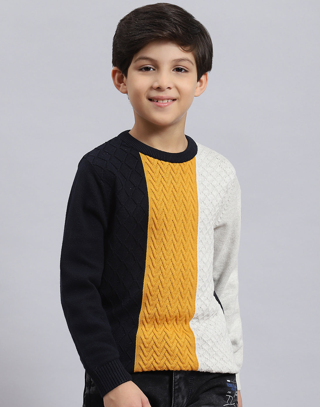 Boys Navy Blue Self Design Round Neck Full Sleeve Sweater