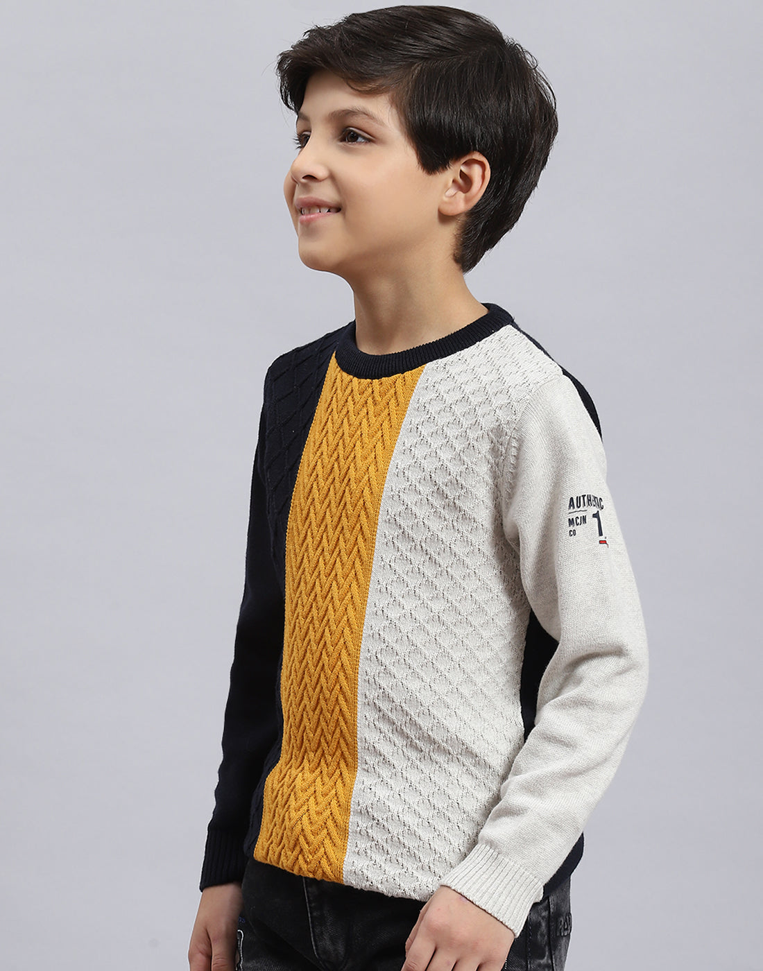 Boys Navy Blue Self Design Round Neck Full Sleeve Sweater