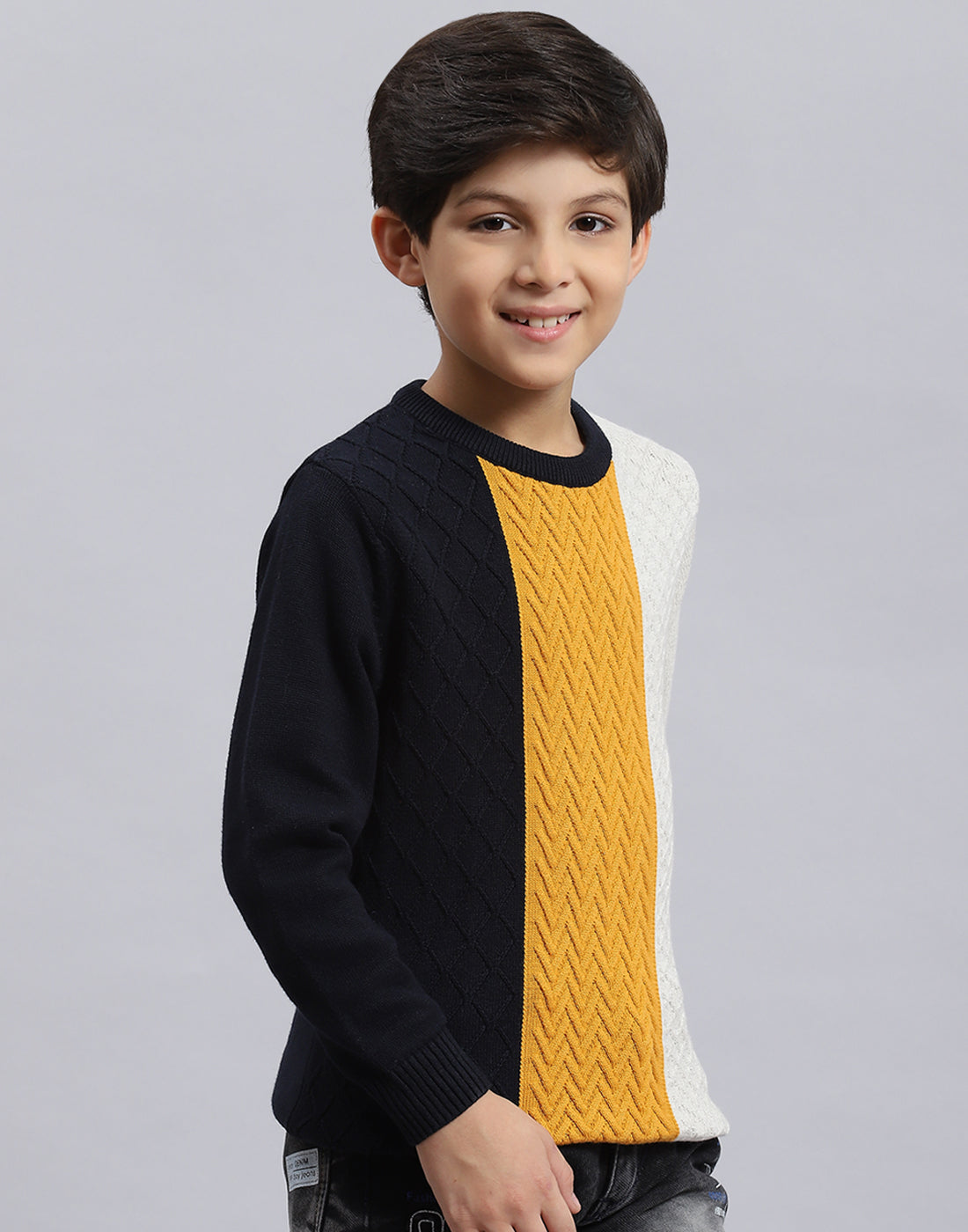 Boys Navy Blue Self Design Round Neck Full Sleeve Sweater