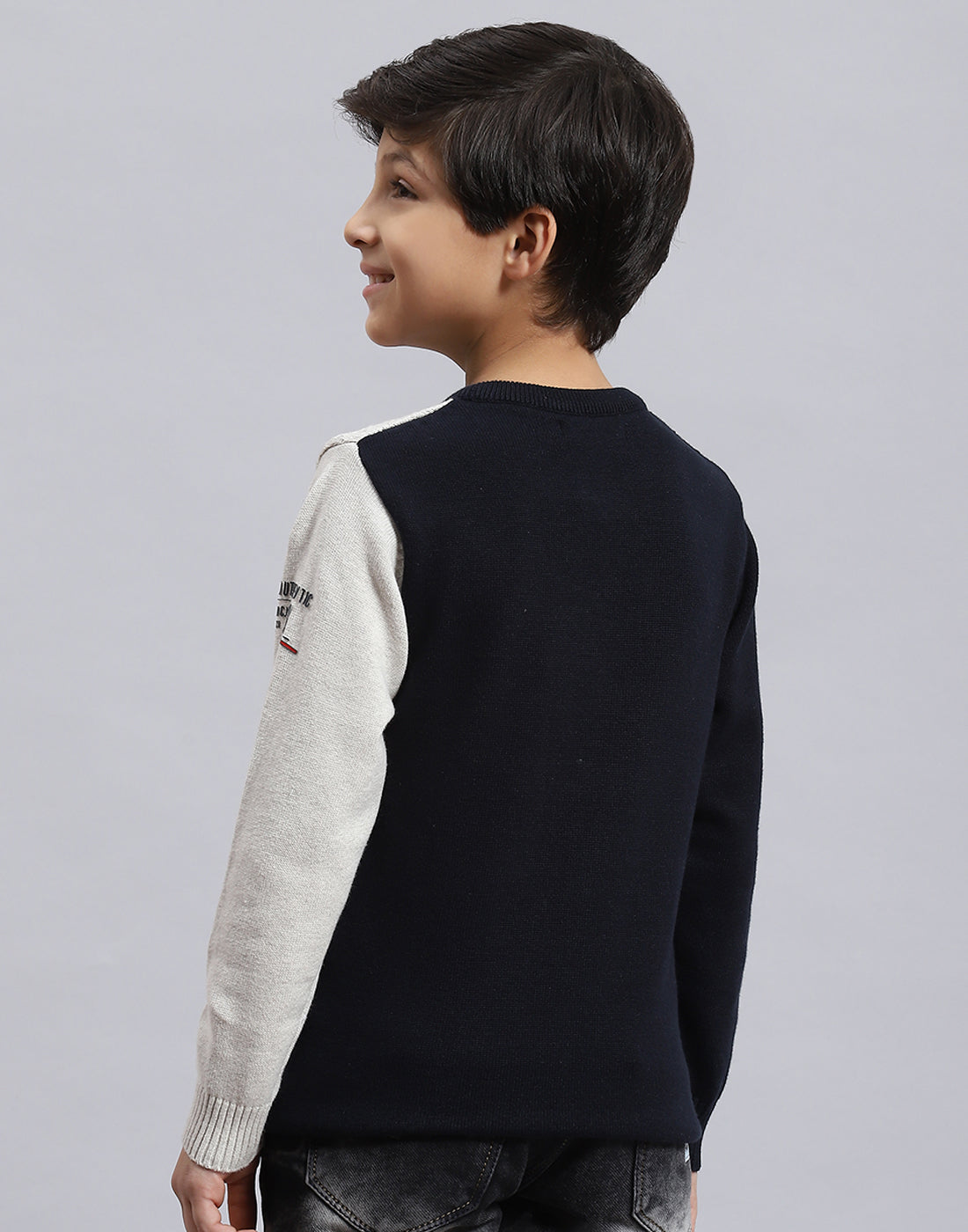 Boys Navy Blue Self Design Round Neck Full Sleeve Sweater