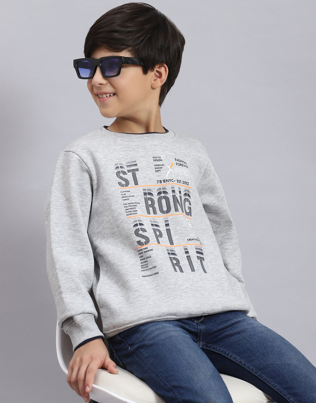 Boys Grey Melange Printed Round Neck Full Sleeve Sweatshirt