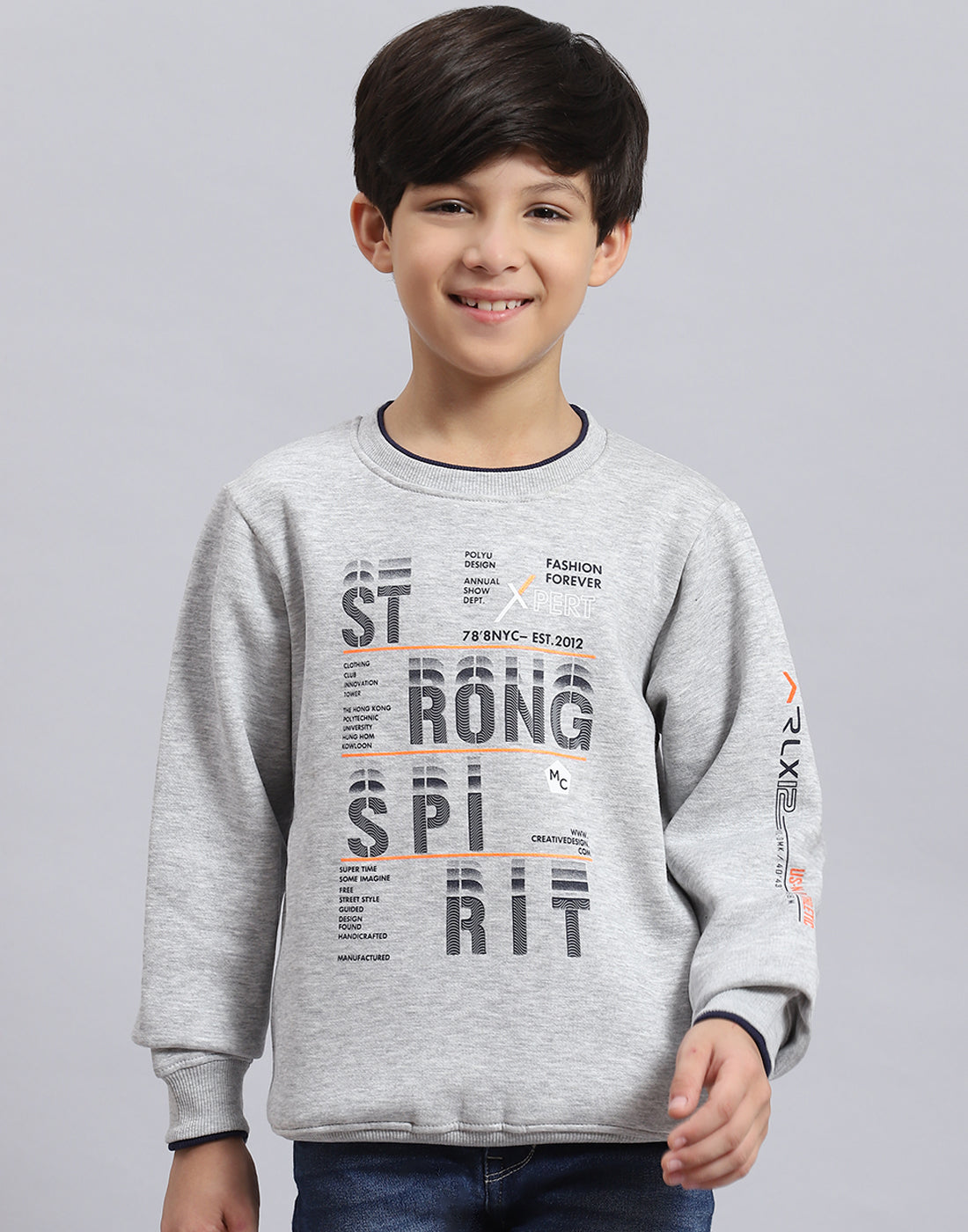 Boys Grey Melange Printed Round Neck Full Sleeve Sweatshirt