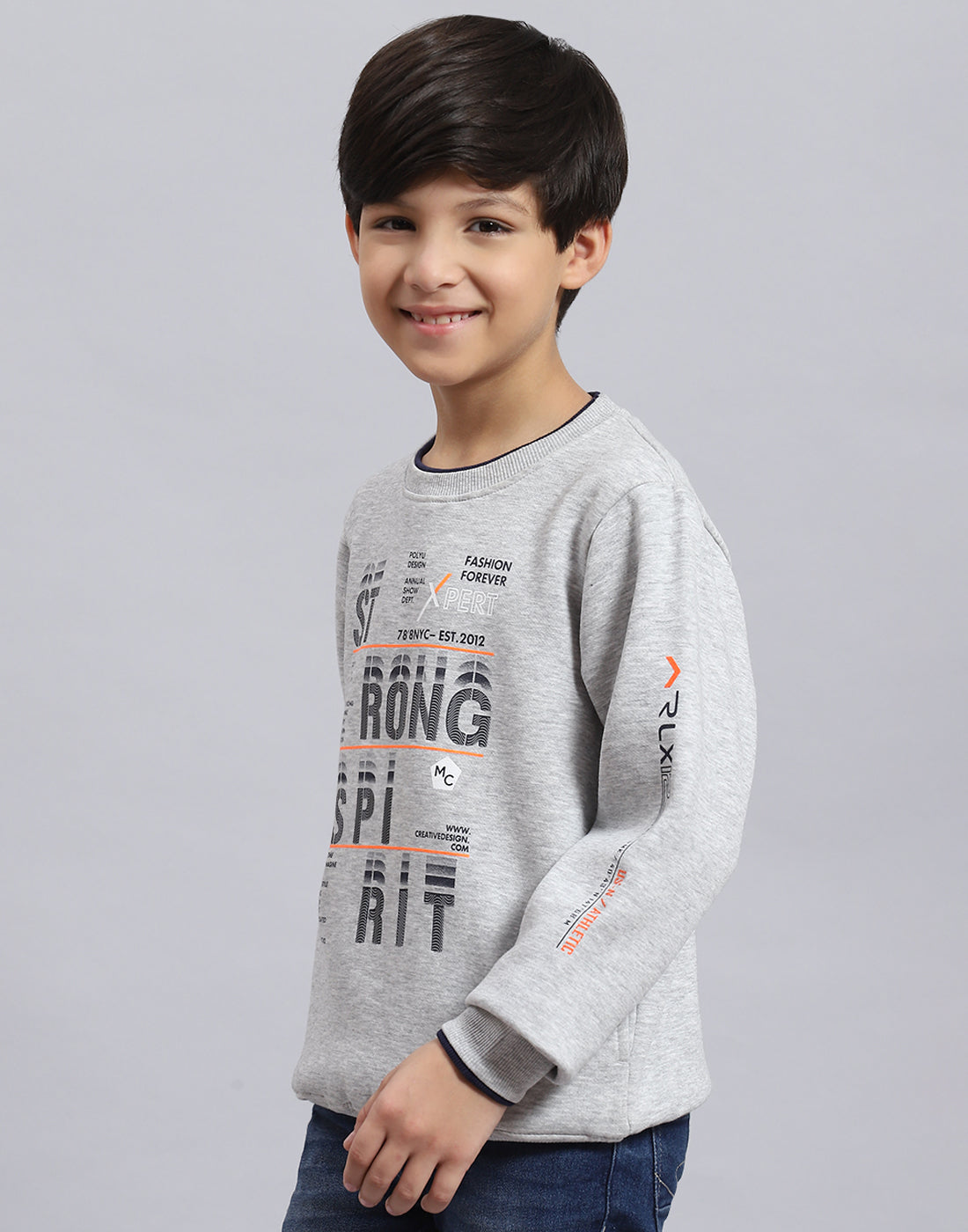 Boys Grey Melange Printed Round Neck Full Sleeve Sweatshirt