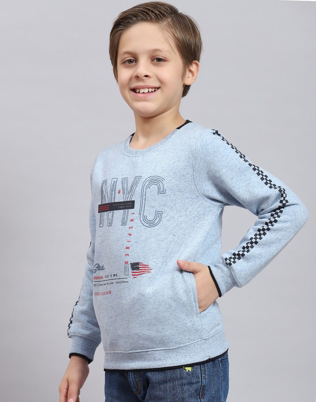 Boys Blue Printed Round Neck Full Sleeve Sweatshirt