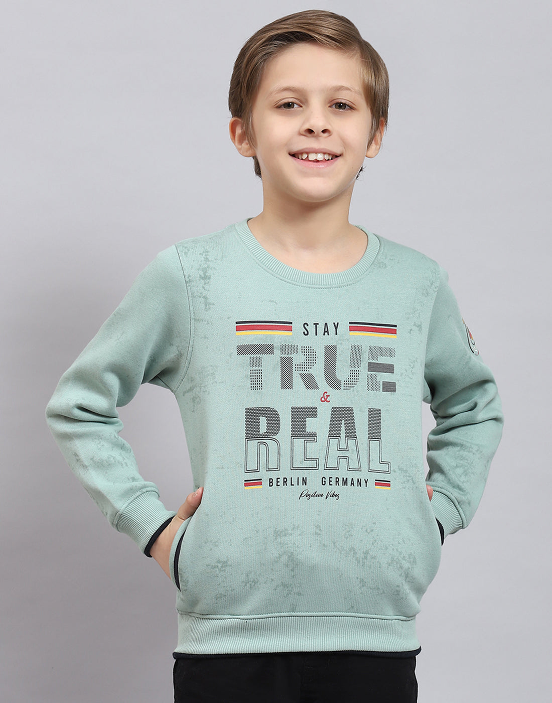 Boys Green Printed Round Neck Full Sleeve Sweatshirt