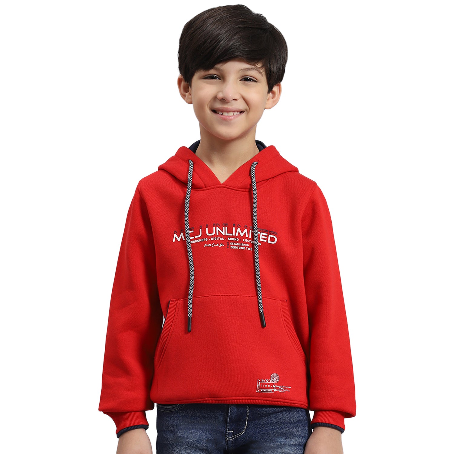Boys Red Printed Hooded Full Sleeve Sweatshirt