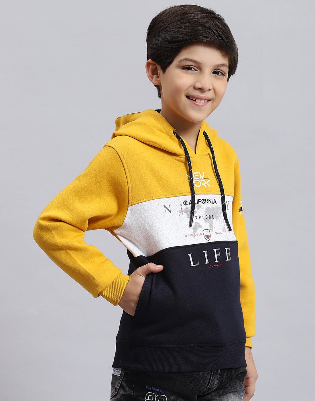 Boys Mustard Printed Hooded Full Sleeve Sweatshirt