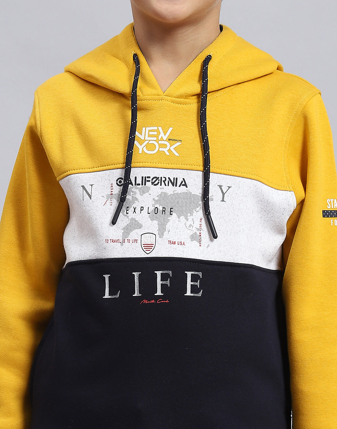 Boys Mustard Printed Hooded Full Sleeve Sweatshirt
