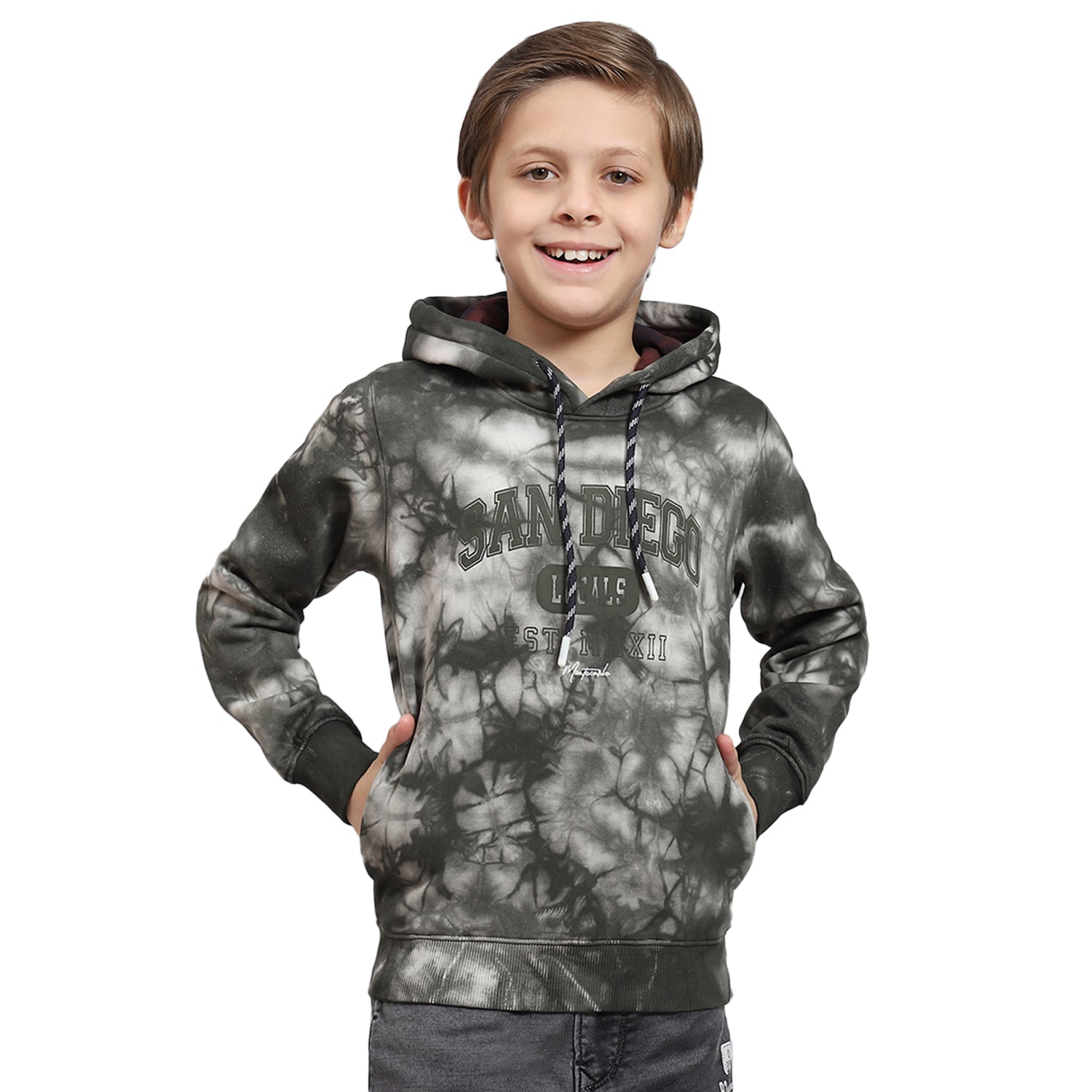 Boys Olive Printed Hooded Full Sleeve Sweatshirt