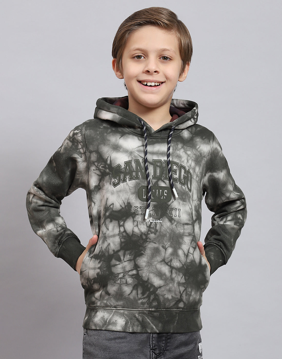 Boys Olive Printed Hooded Full Sleeve Sweatshirt