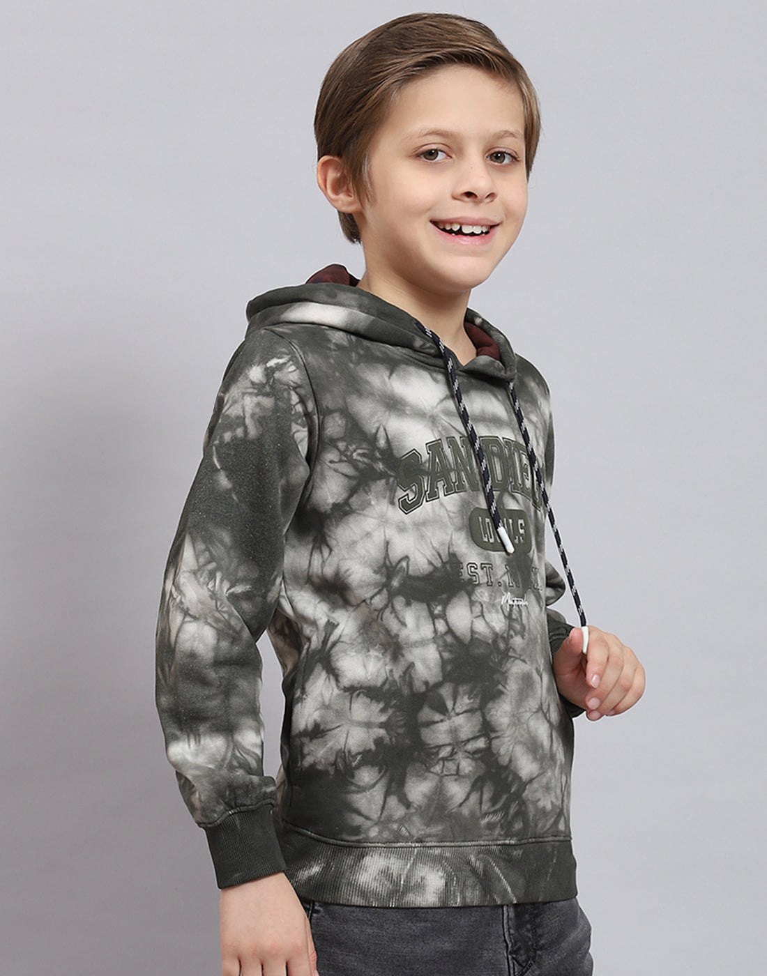 Boys Olive Printed Hooded Full Sleeve Sweatshirt
