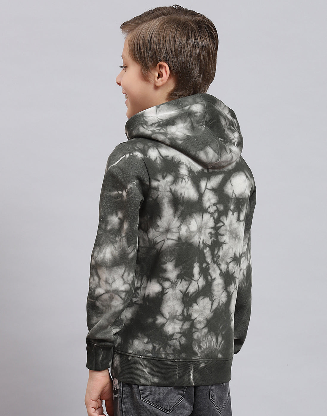 Boys Olive Printed Hooded Full Sleeve Sweatshirt