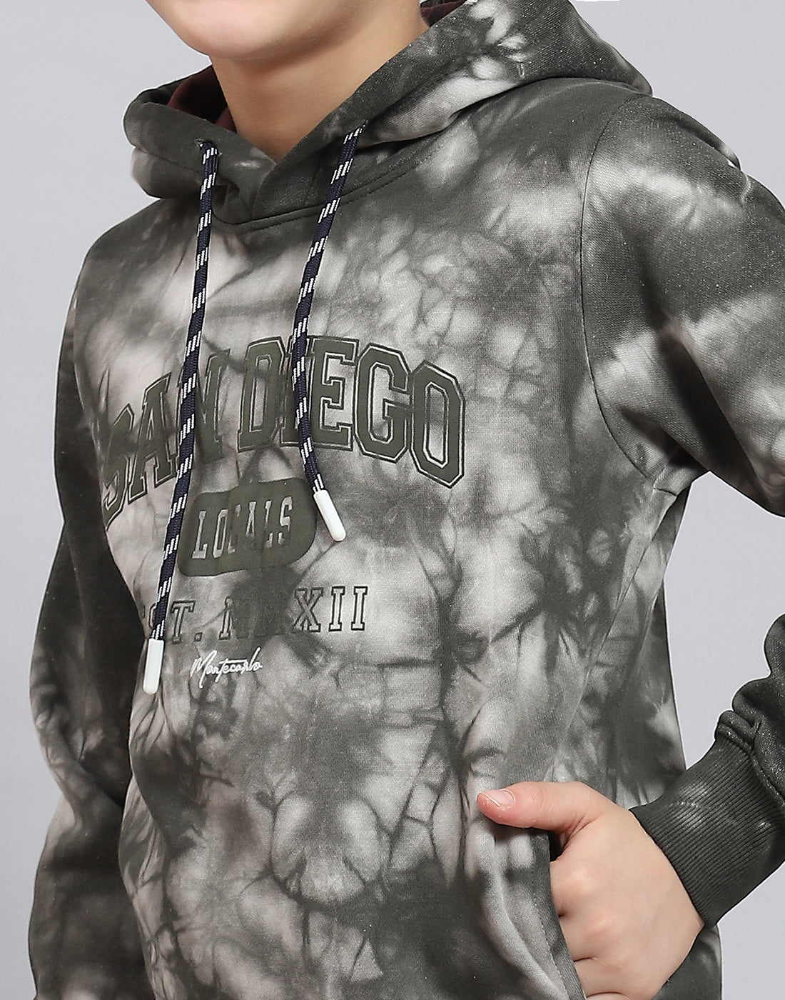 Boys Olive Printed Hooded Full Sleeve Sweatshirt