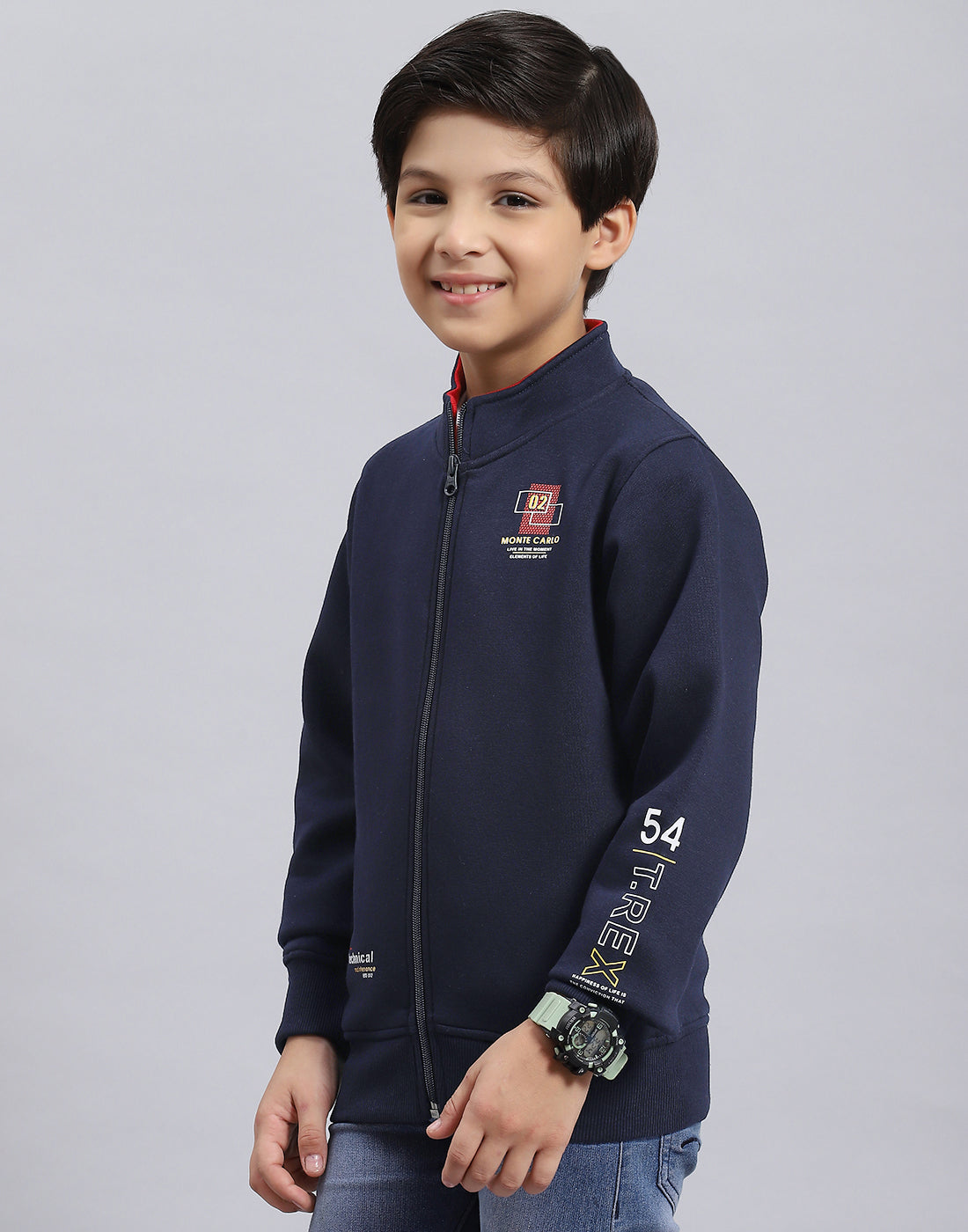 Boys Navy Blue Solid Stand Collar Full Sleeve Sweatshirt