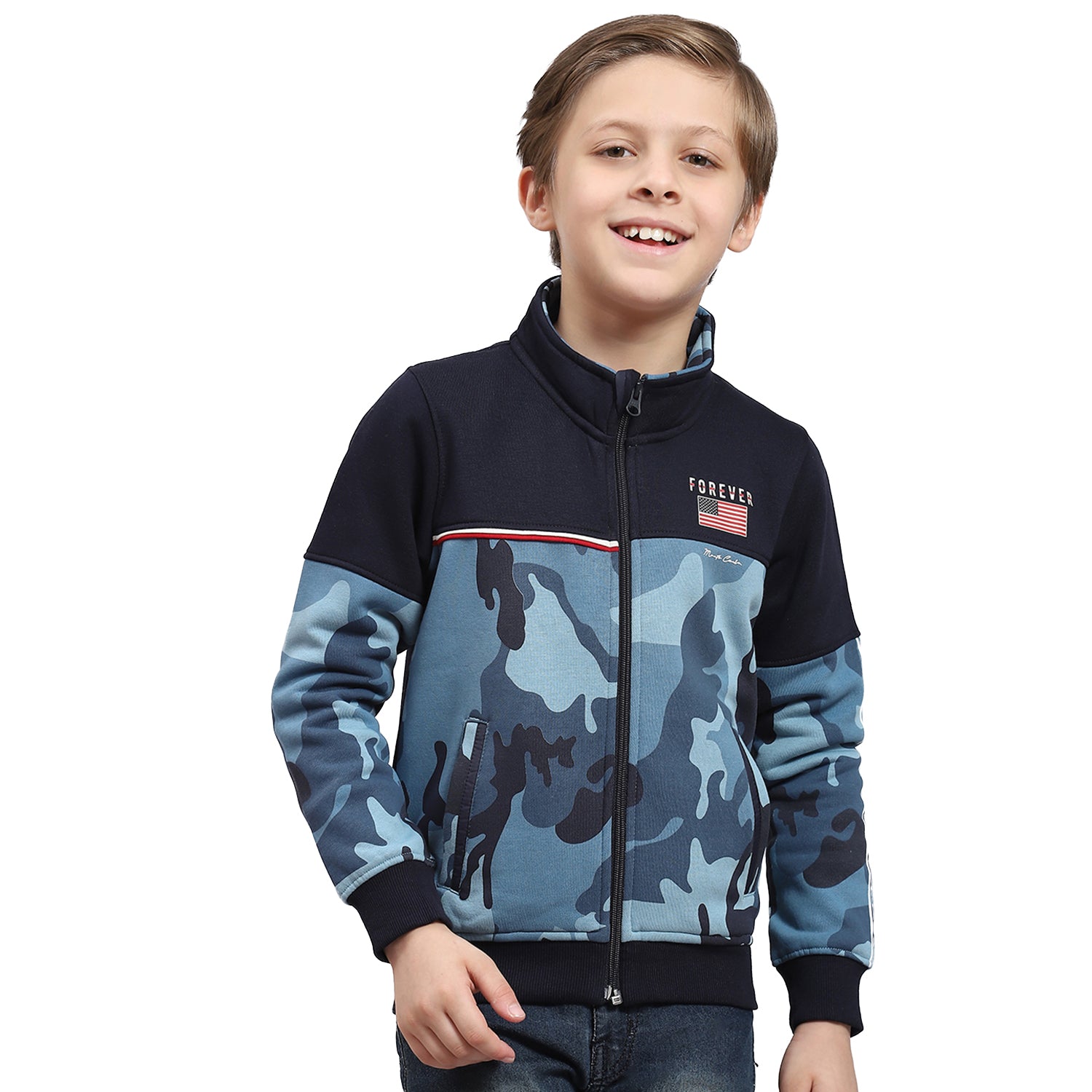 Boys Navy Blue Printed Stand Collar Full Sleeve Sweatshirt