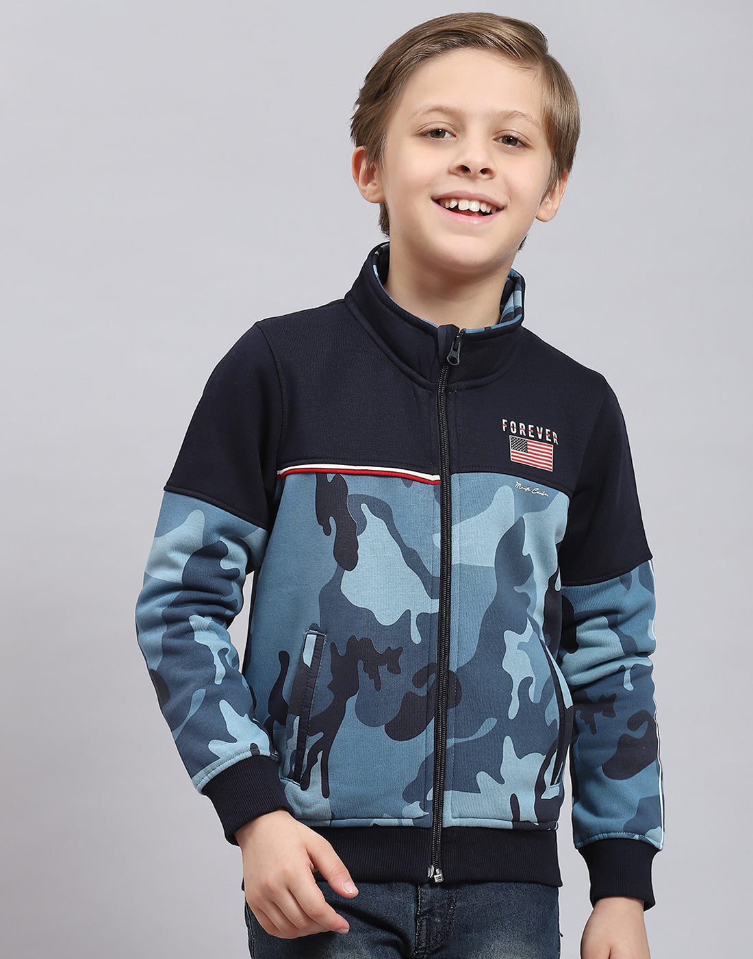 Boys Navy Blue Printed Stand Collar Full Sleeve Sweatshirt