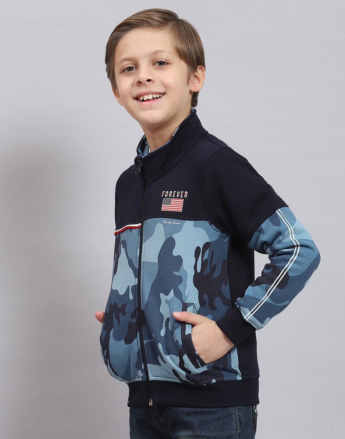 Boys Navy Blue Printed Stand Collar Full Sleeve Sweatshirt