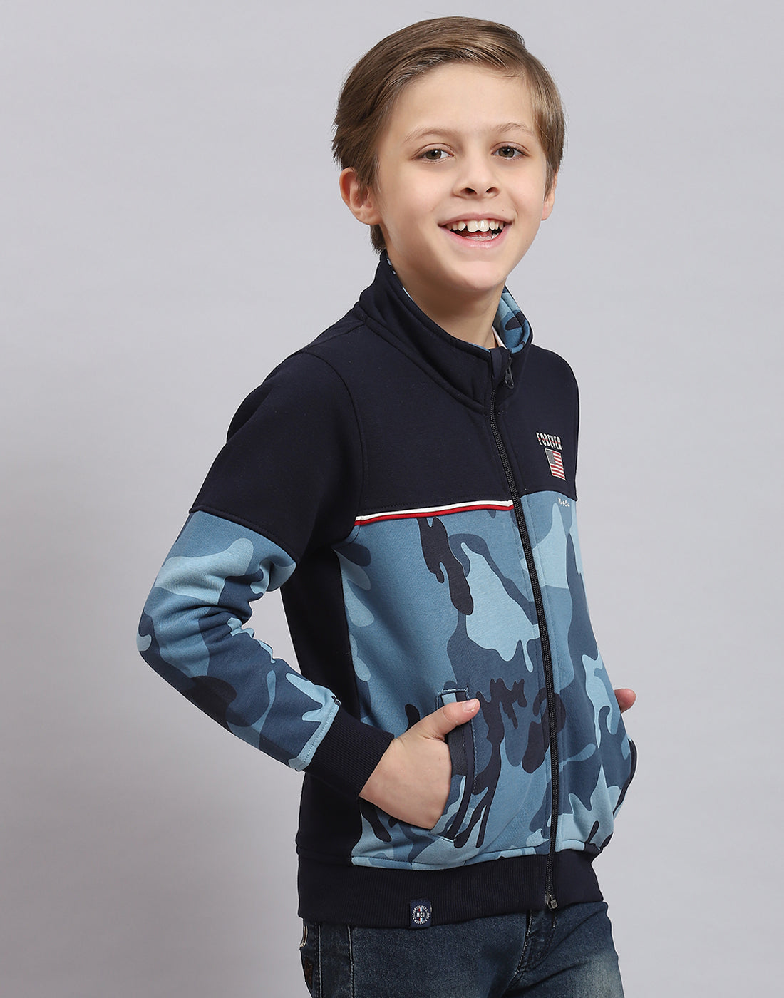 Boys Navy Blue Printed Stand Collar Full Sleeve Sweatshirt