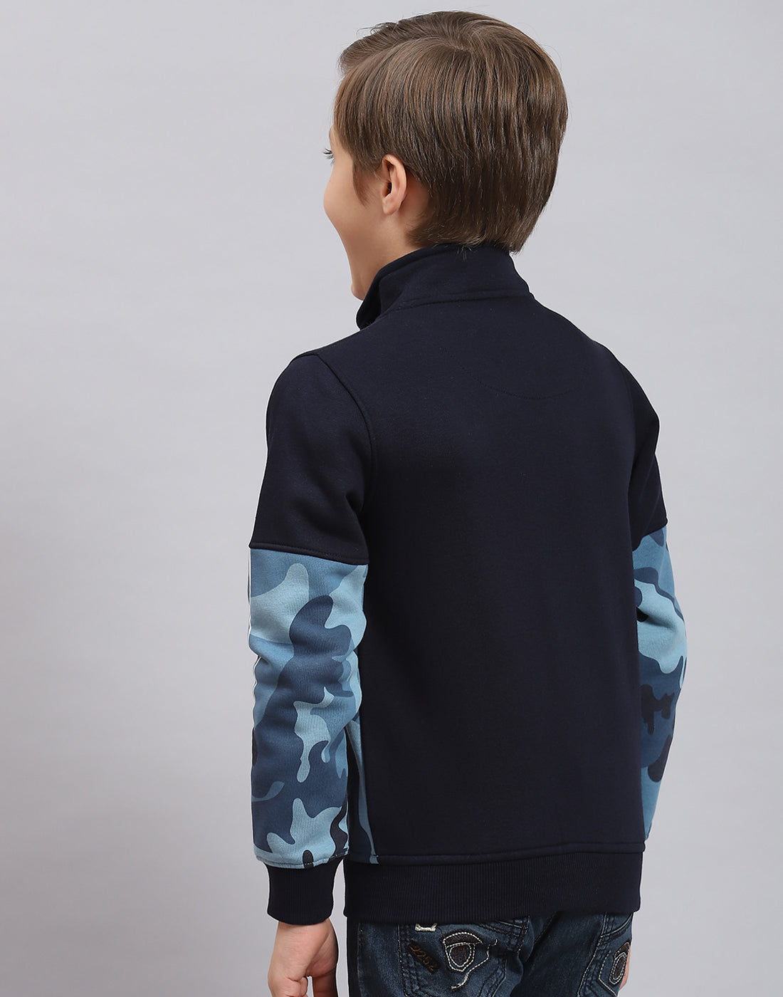 Boys Navy Blue Printed Stand Collar Full Sleeve Sweatshirt