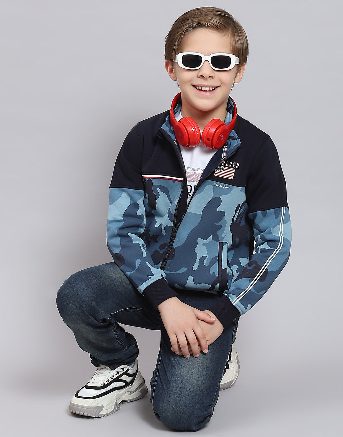 Boys Navy Blue Printed Stand Collar Full Sleeve Sweatshirt