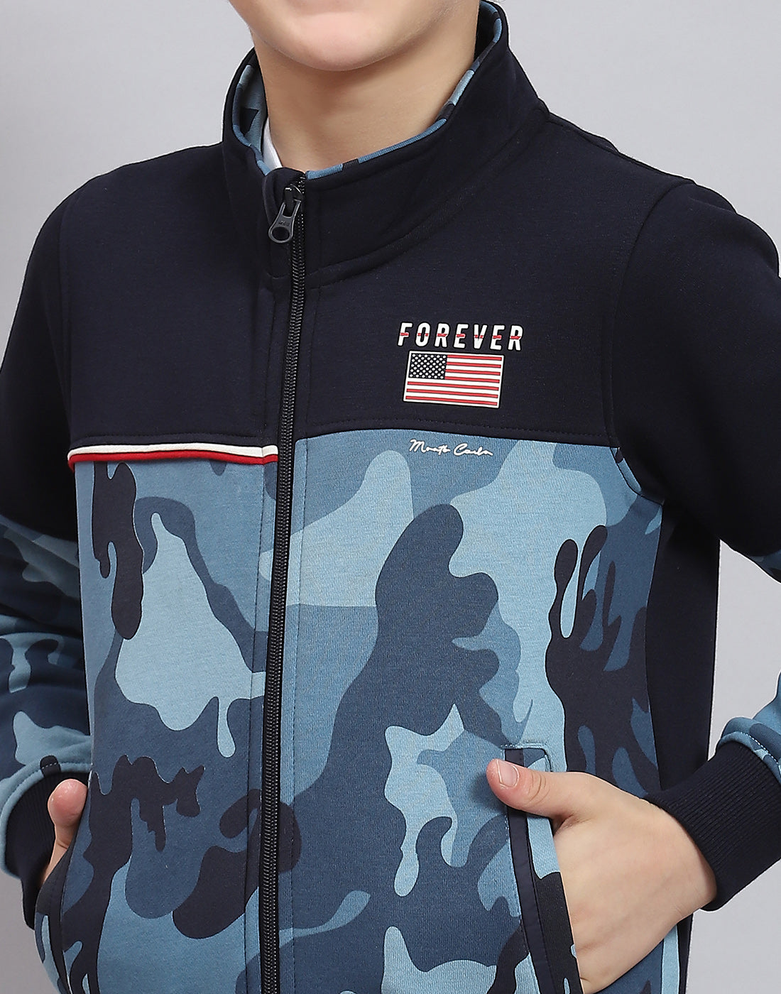 Boys Navy Blue Printed Stand Collar Full Sleeve Sweatshirt