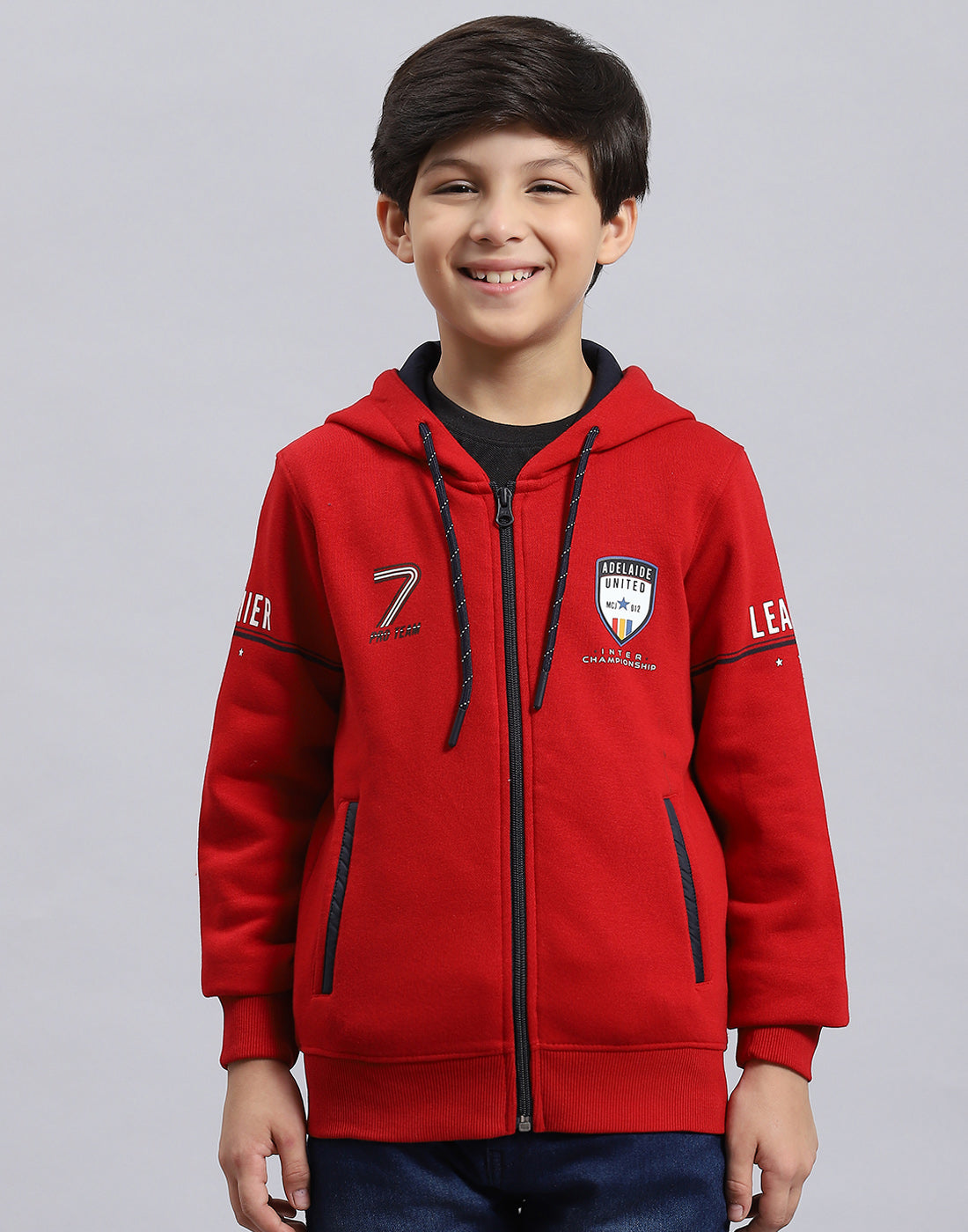 Boys Red Printed Hooded Full Sleeve Sweatshirt