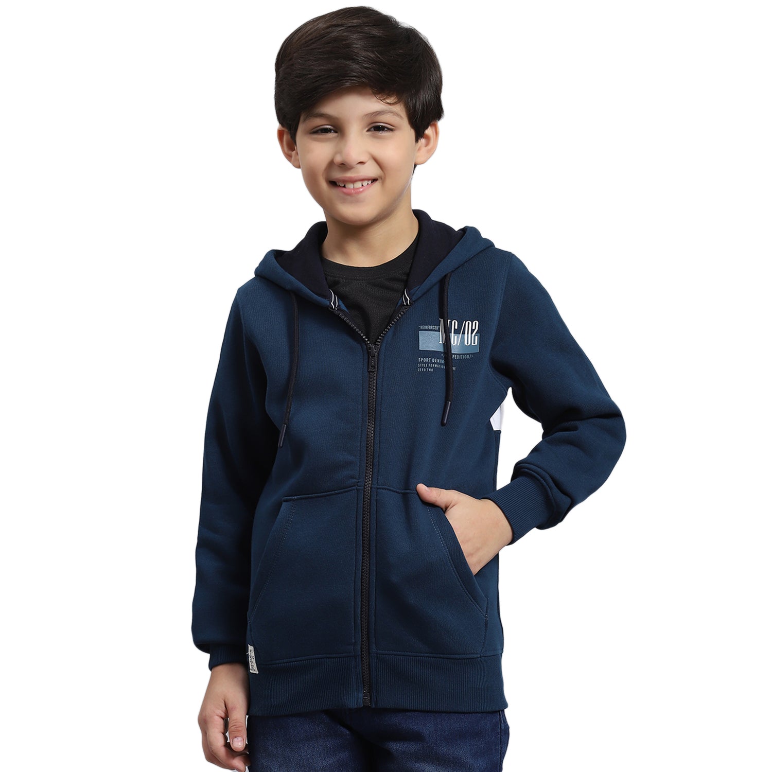 Boys Teal Blue Printed Hooded Full Sleeve Sweatshirt