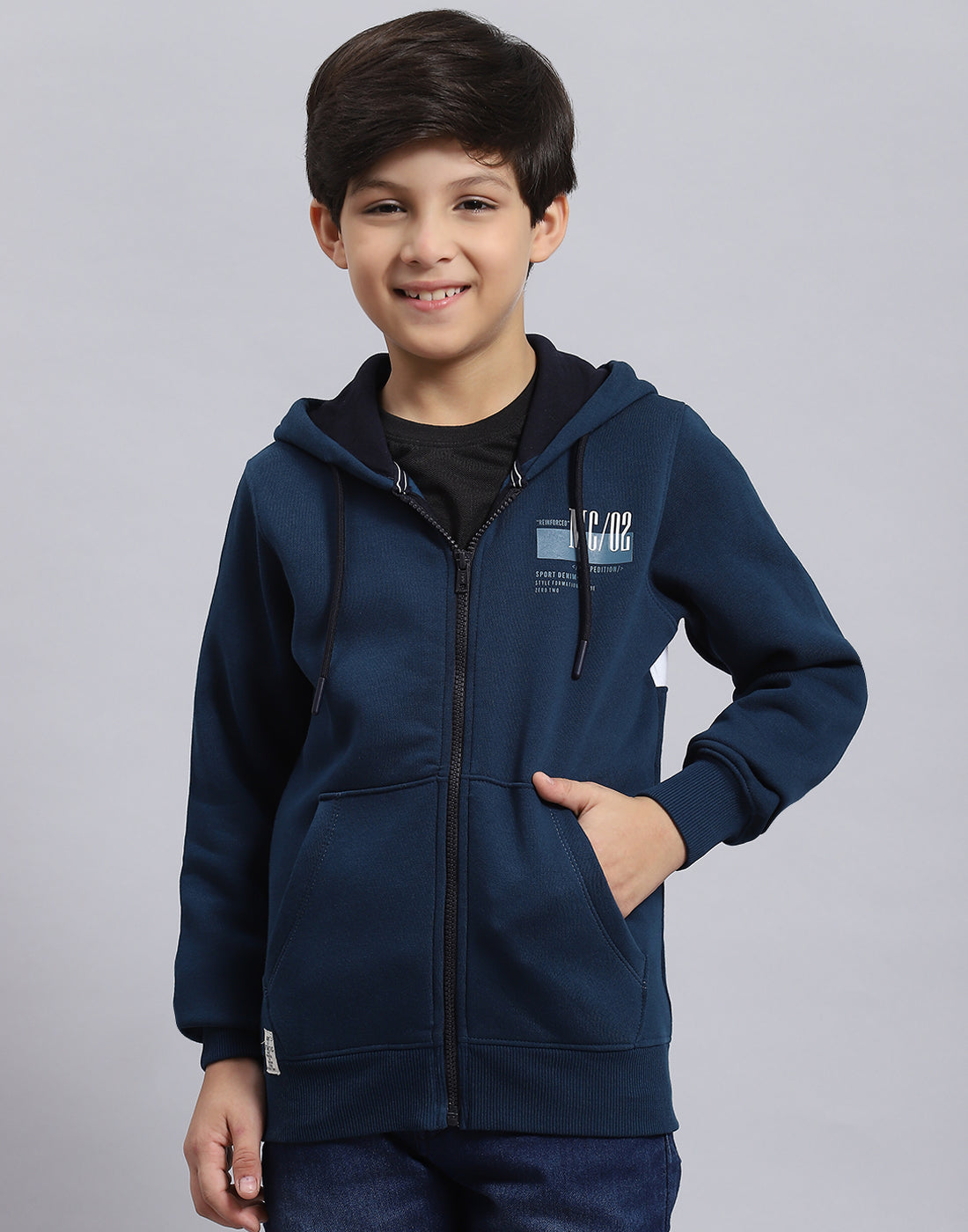 Boys Teal Blue Printed Hooded Full Sleeve Sweatshirt