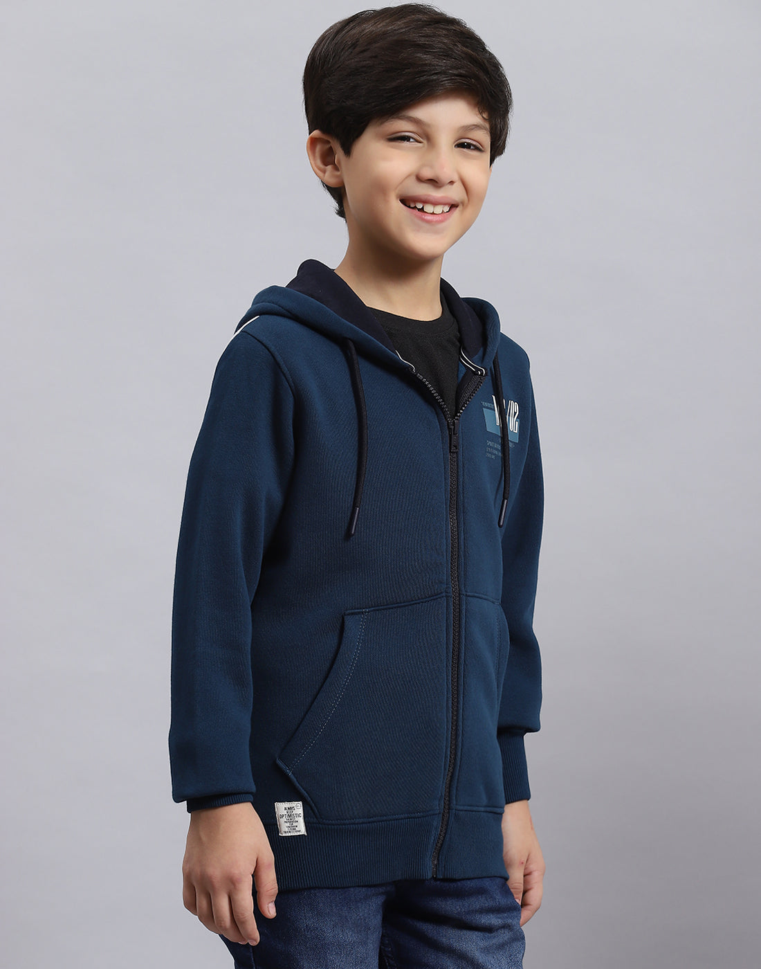 Boys Teal Blue Printed Hooded Full Sleeve Sweatshirt