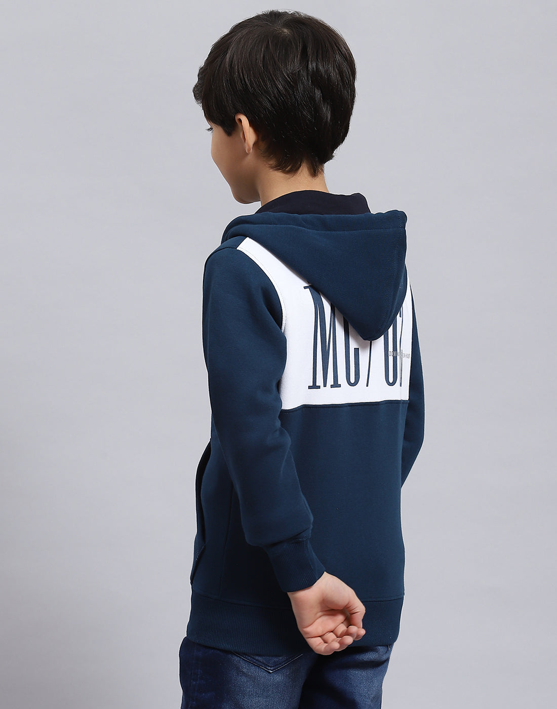 Boys Teal Blue Printed Hooded Full Sleeve Sweatshirt