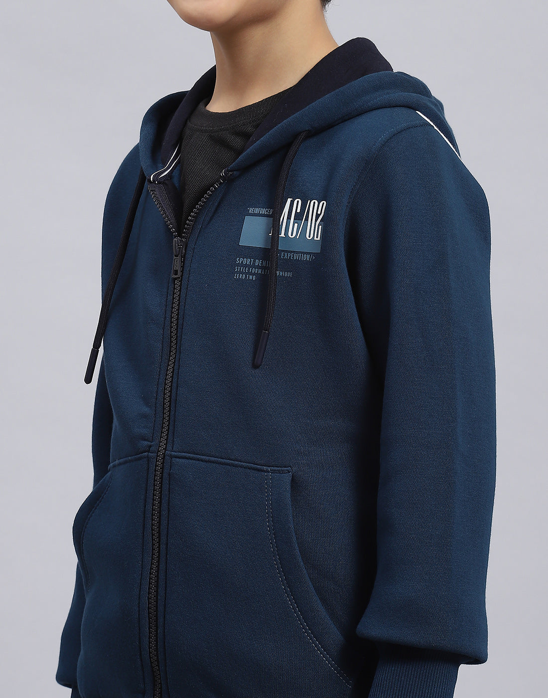 Boys Teal Blue Printed Hooded Full Sleeve Sweatshirt