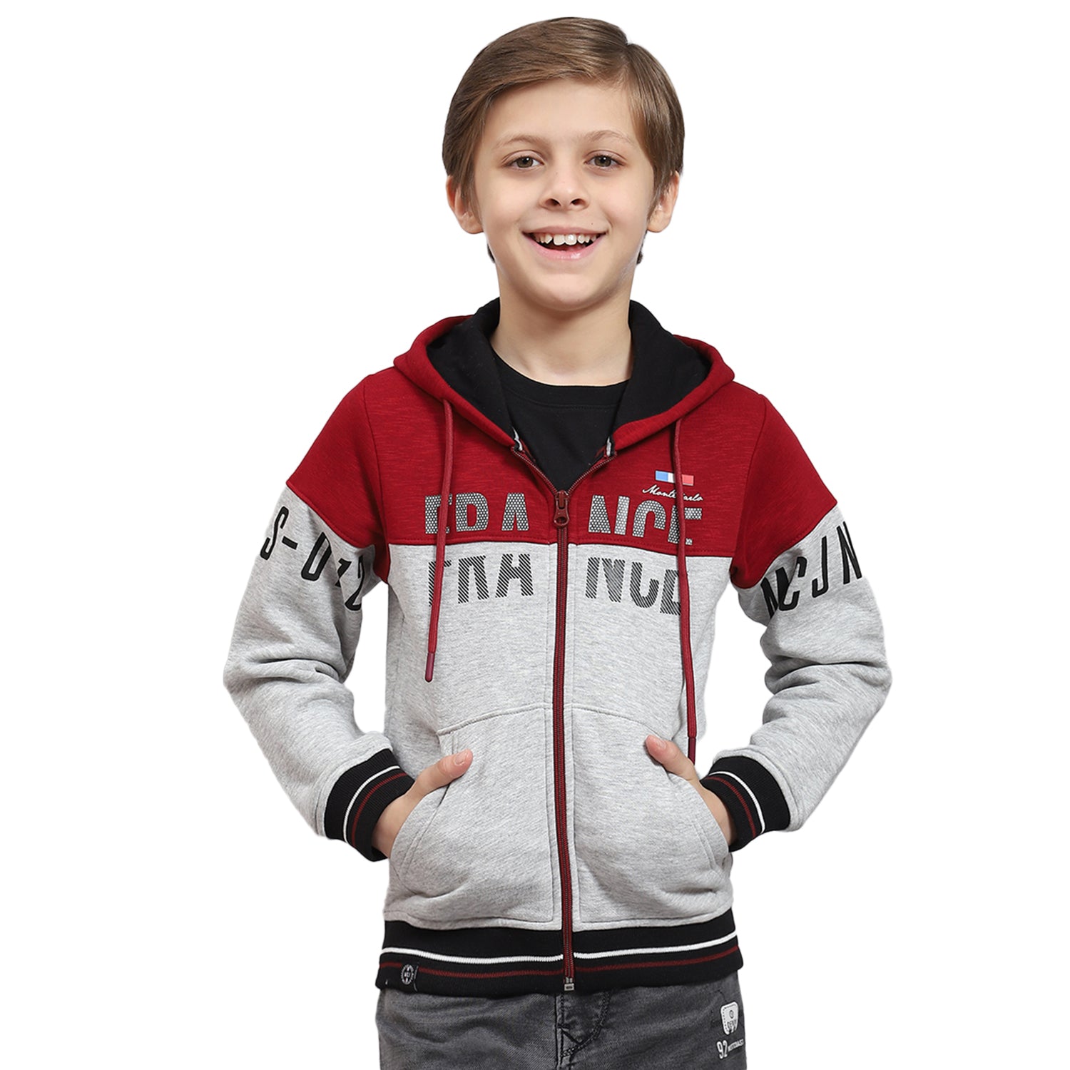 Boys Grey Melange Printed Hooded Full Sleeve Sweatshirt