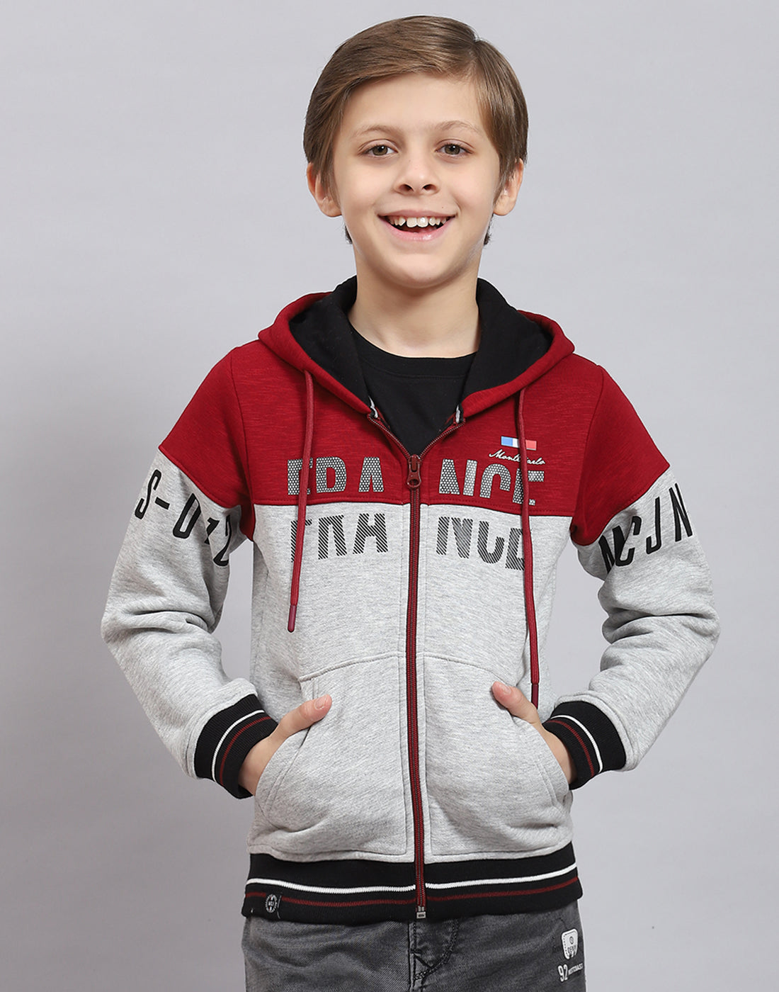 Boys Grey Melange Printed Hooded Full Sleeve Sweatshirt