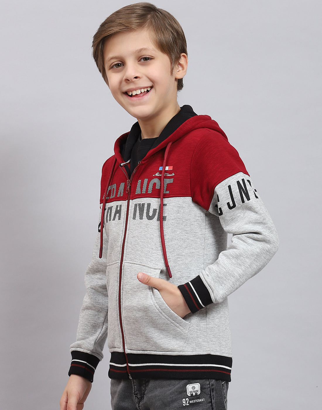 Boys Grey Melange Printed Hooded Full Sleeve Sweatshirt