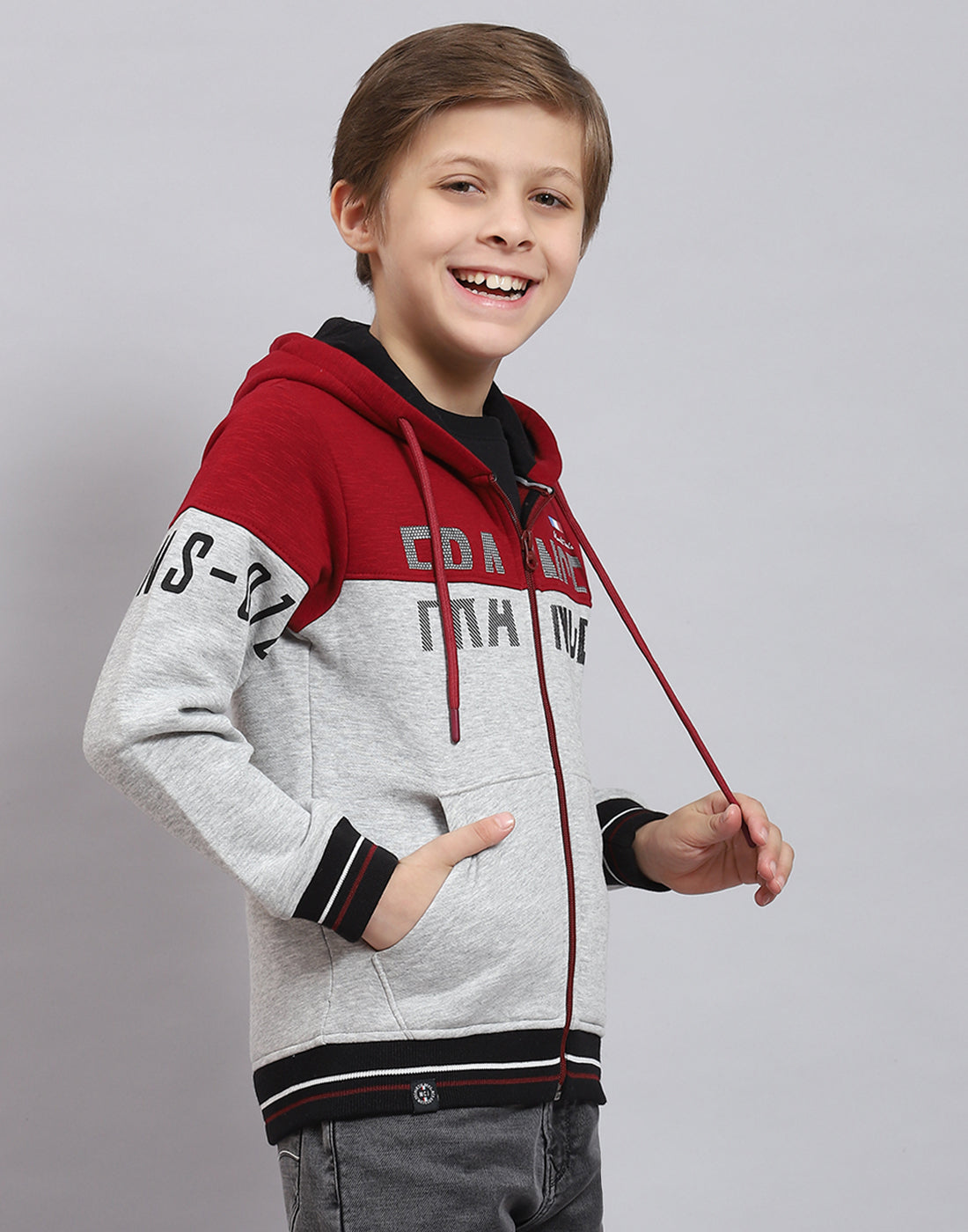 Boys Grey Melange Printed Hooded Full Sleeve Sweatshirt