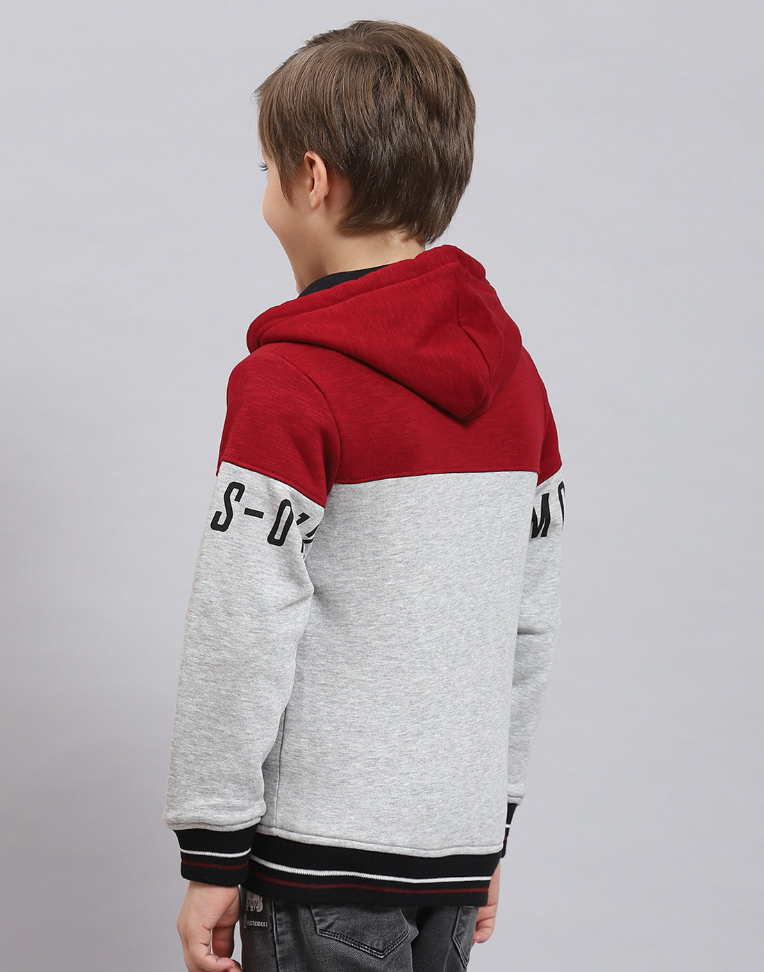 Boys Grey Melange Printed Hooded Full Sleeve Sweatshirt