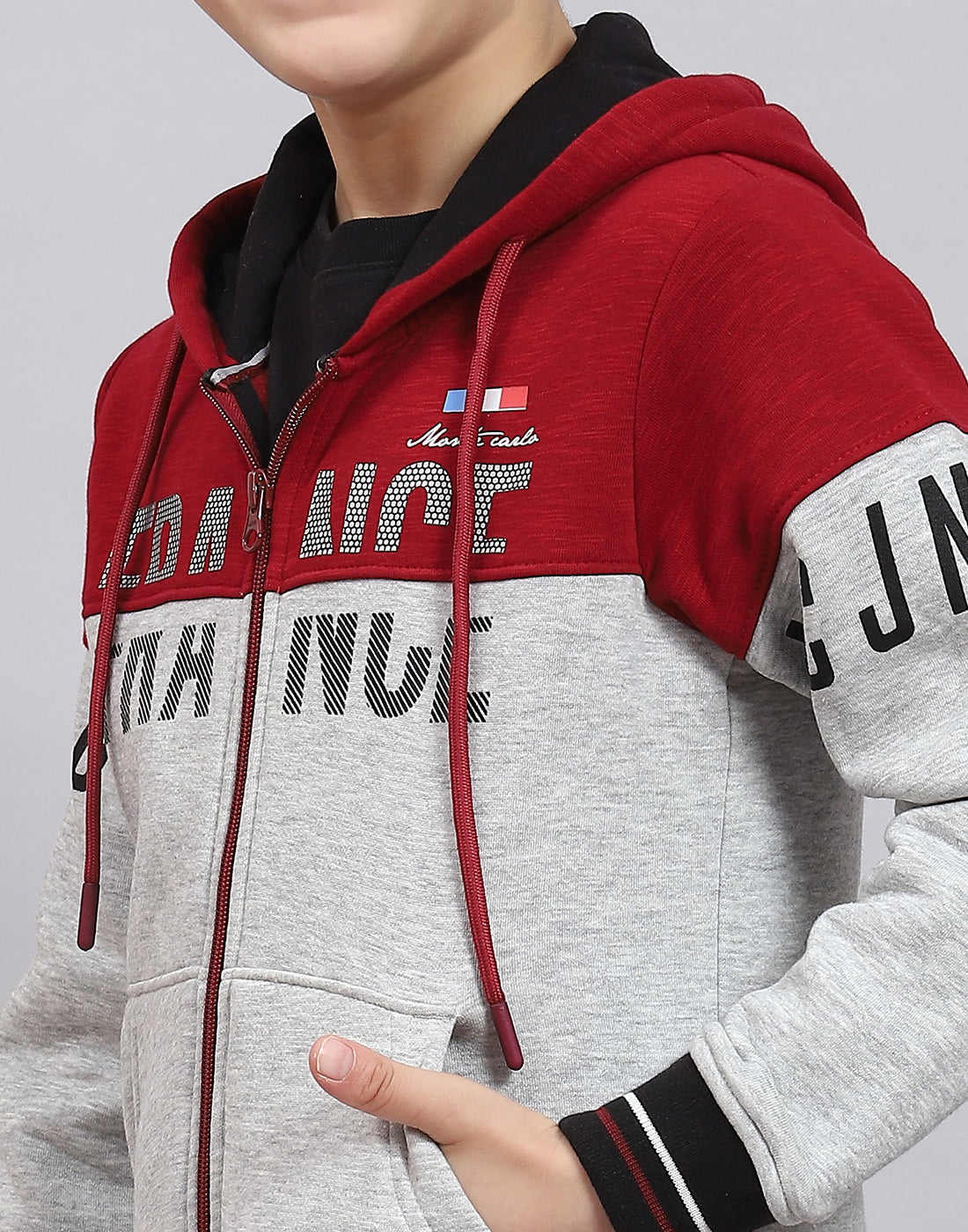 Boys Grey Melange Printed Hooded Full Sleeve Sweatshirt