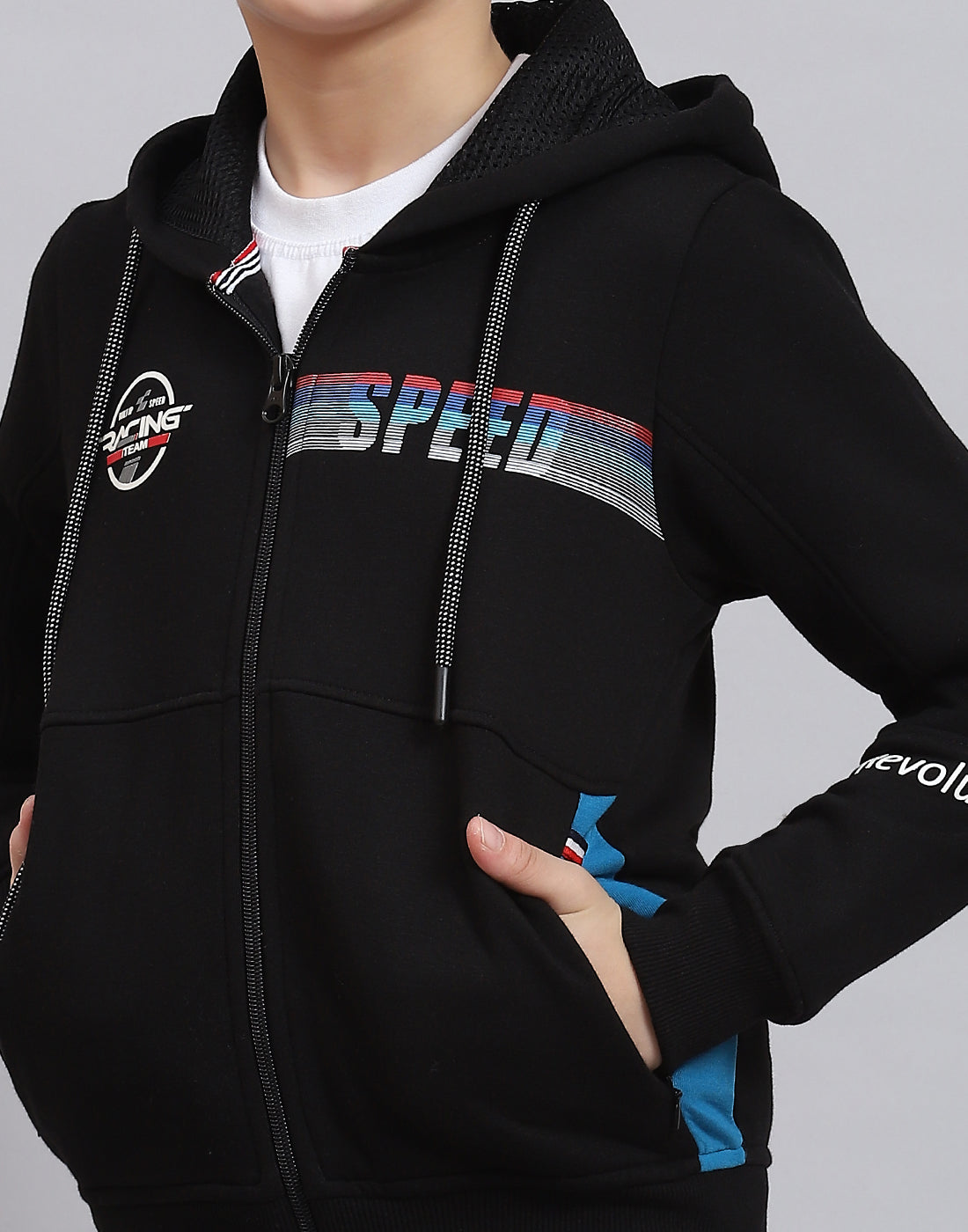 Boys Black Printed Hooded Full Sleeve Sweatshirt