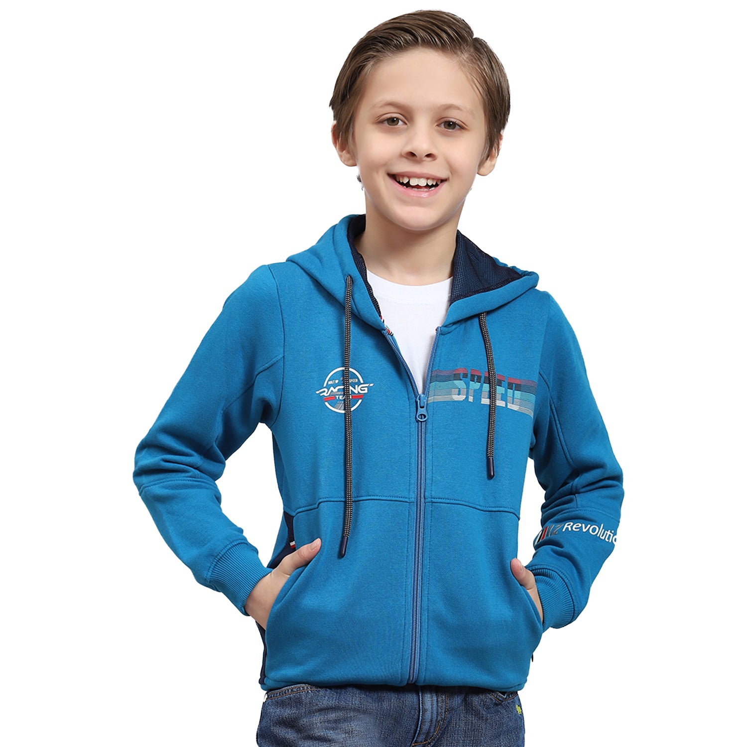 Boys Blue Printed Hooded Full Sleeve Sweatshirt