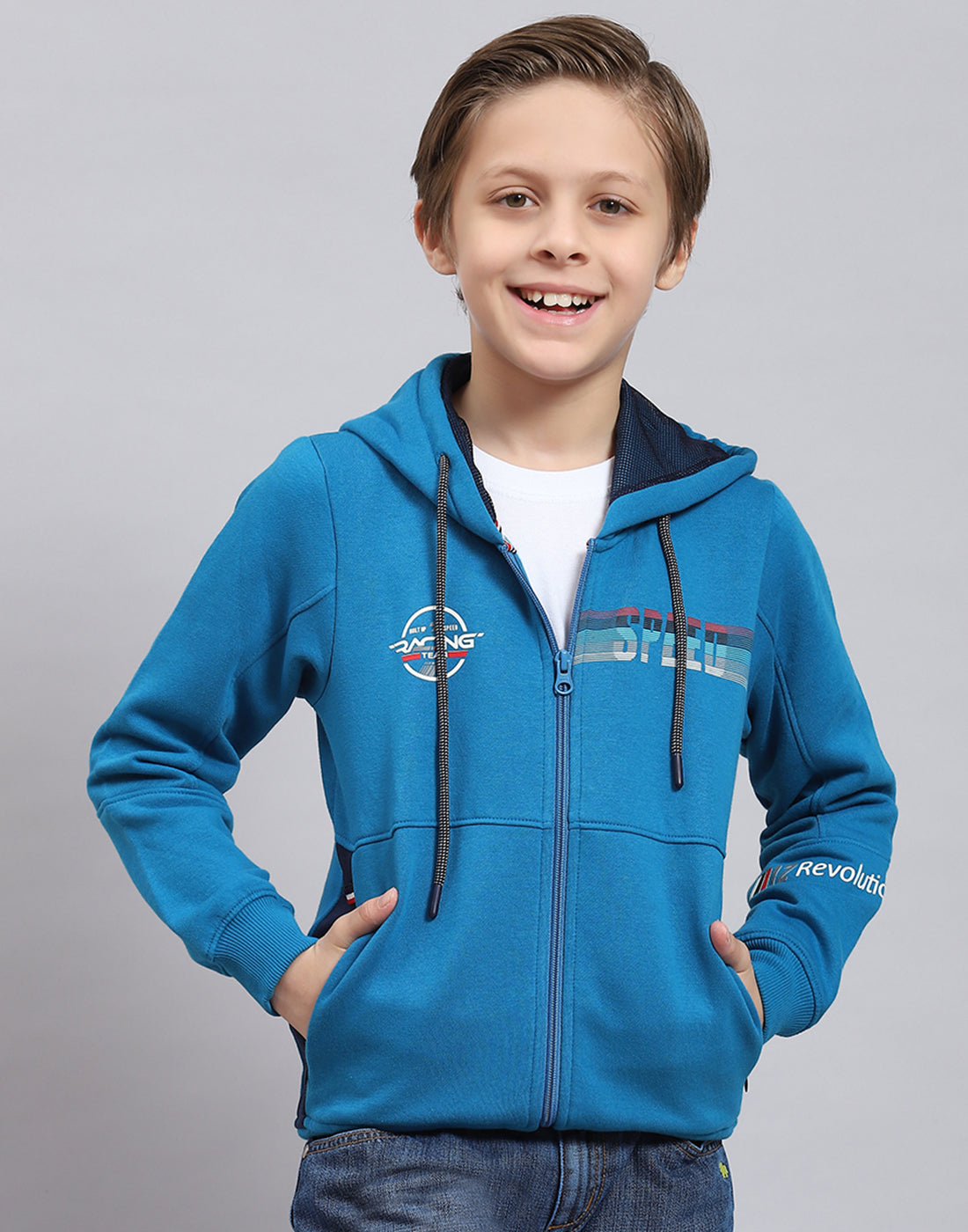 Boys Blue Printed Hooded Full Sleeve Sweatshirt