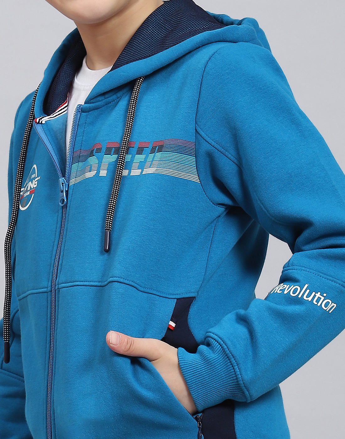 Boys Blue Printed Hooded Full Sleeve Sweatshirt