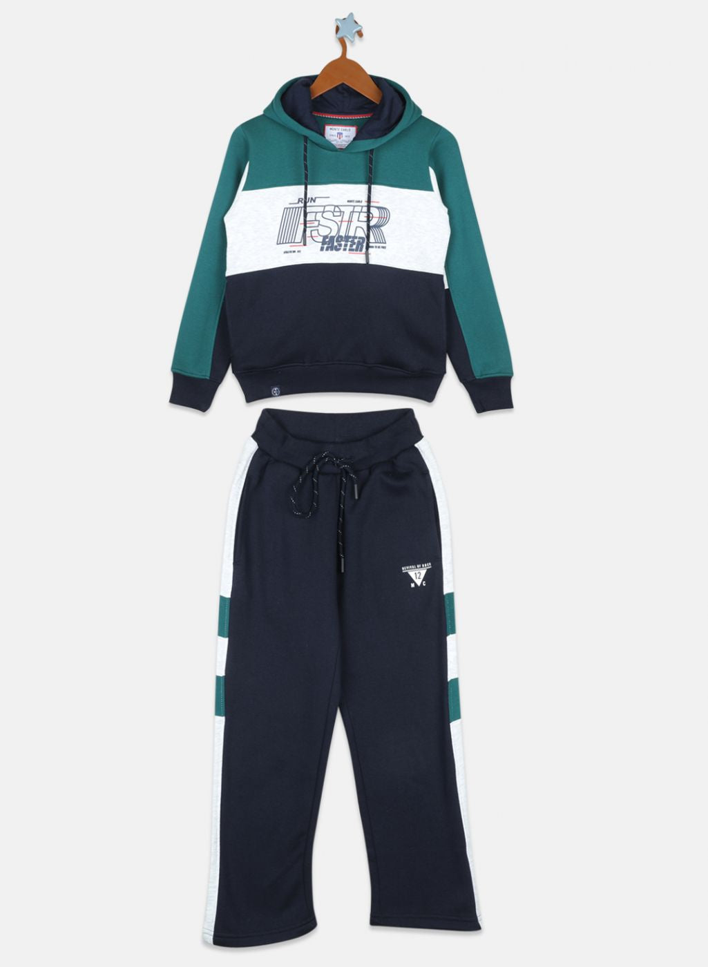 Boys Green & NAvy Blue Printed Tracksuit