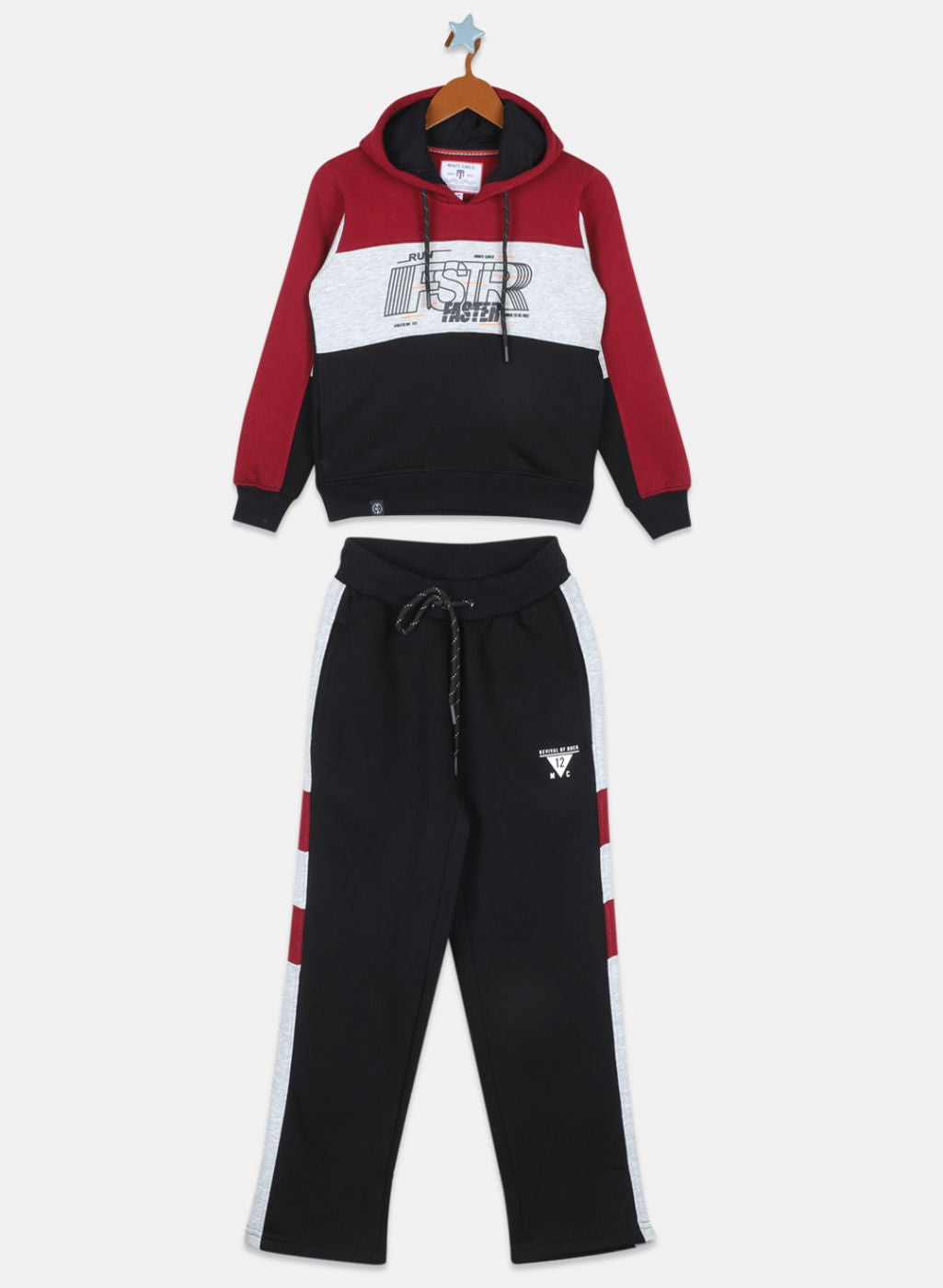 Boys Maroon & Black Printed Tracksuit
