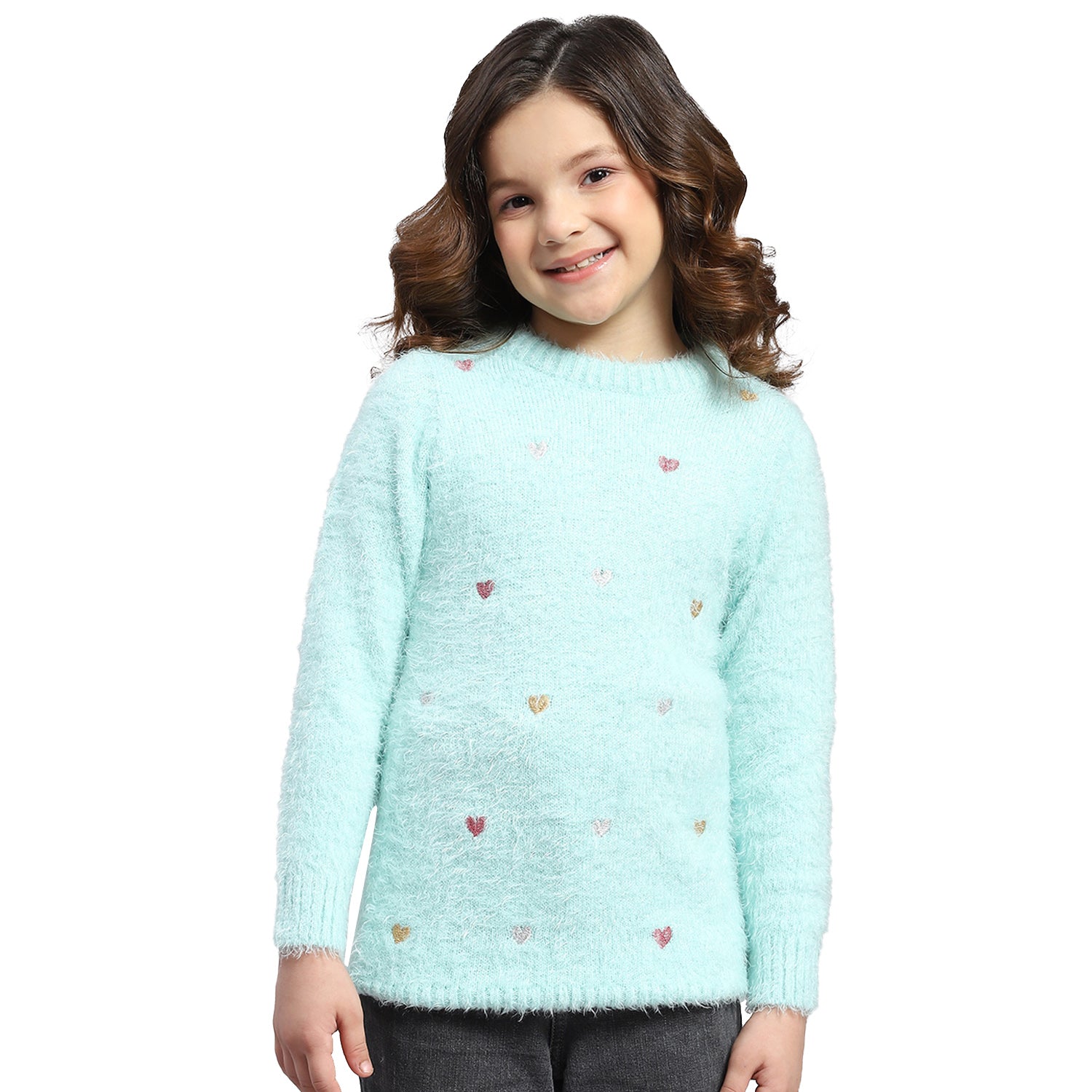 Girls Blue Solid Round Neck Full Sleeve Sweatshirt