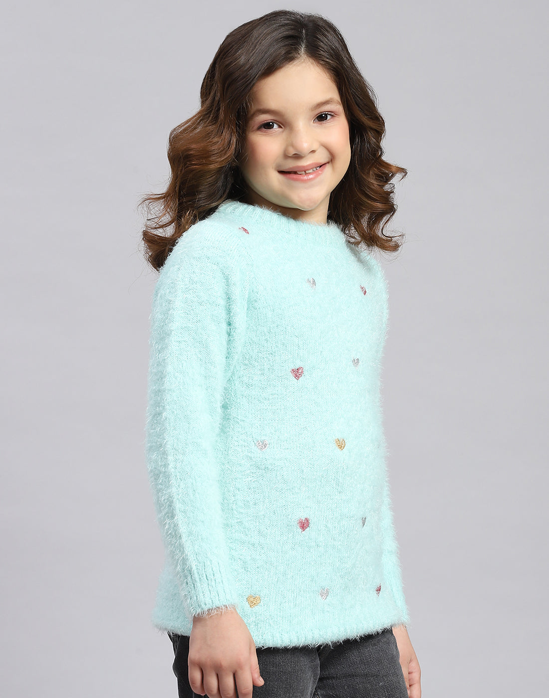 Girls Blue Solid Round Neck Full Sleeve Sweatshirt