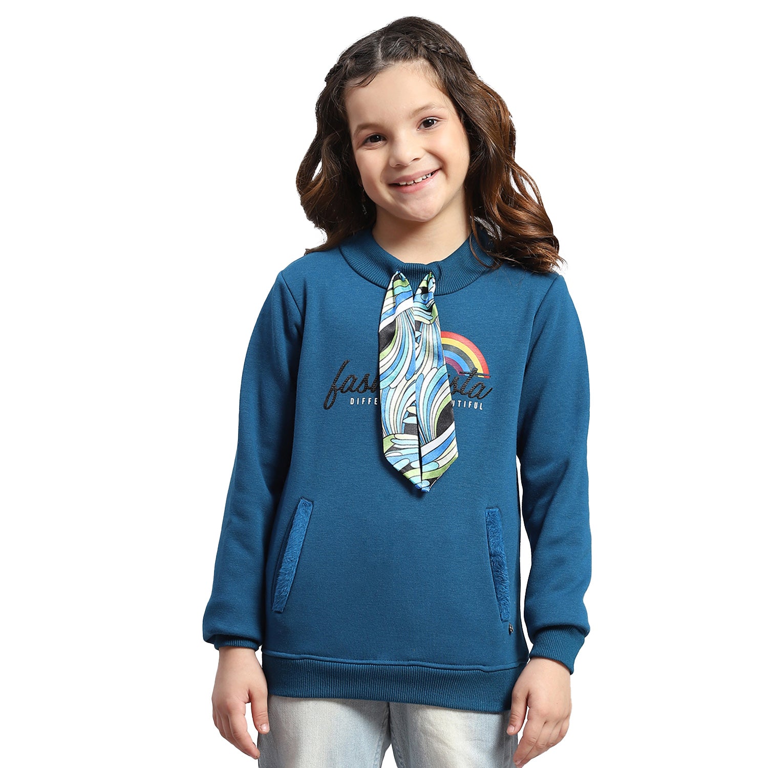 Girls Teal Blue Printed Round Neck Full Sleeve Sweatshirt