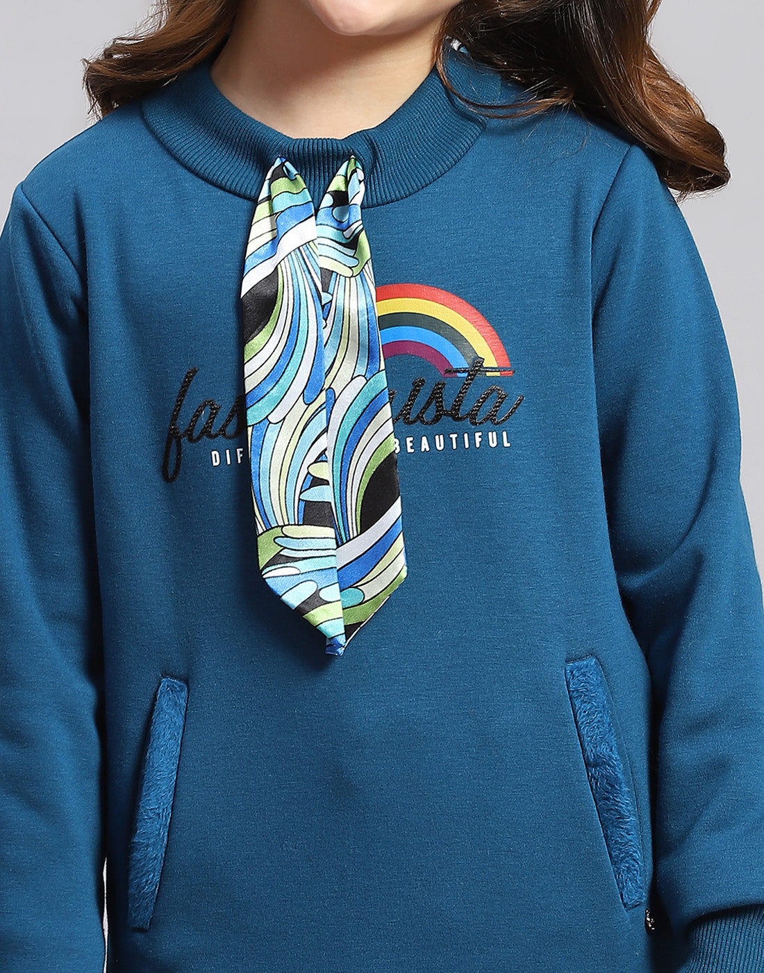 Girls Teal Blue Printed Round Neck Full Sleeve Sweatshirt