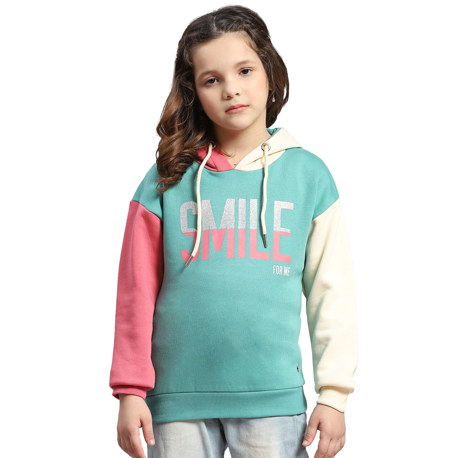 Girls Turquoise Blue Printed Hooded Full Sleeve Sweatshirt