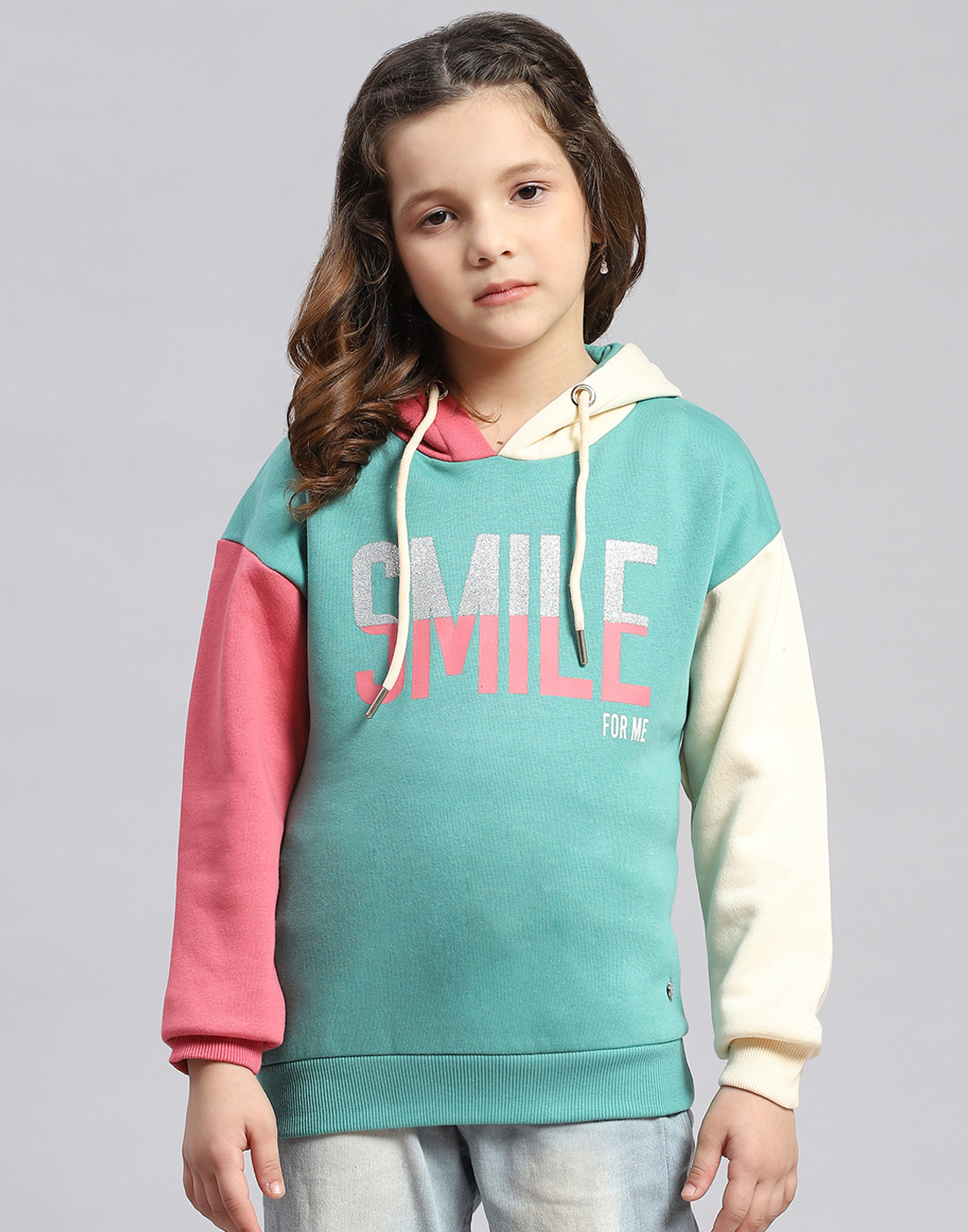 Girls Turquoise Blue Printed Hooded Full Sleeve Sweatshirt