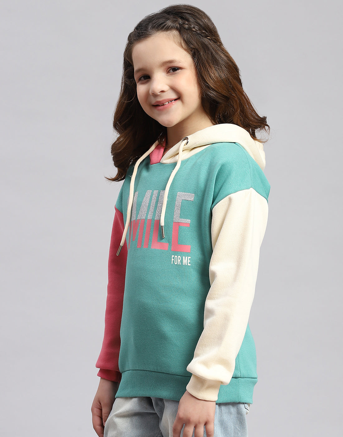 Girls Turquoise Blue Printed Hooded Full Sleeve Sweatshirt